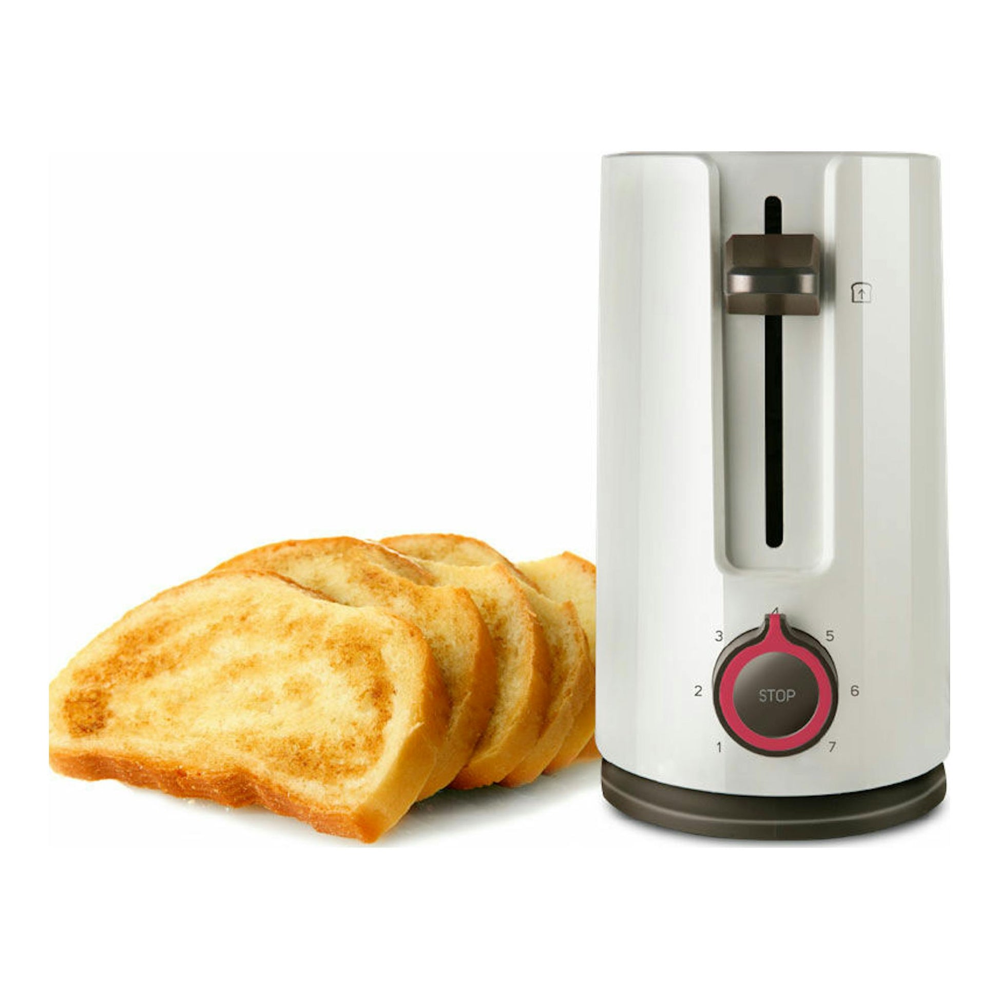 Tostador Taurus MyToast blanco, vista frontal, con una ranura y cuatro rebanadas de pan tostado al lado.