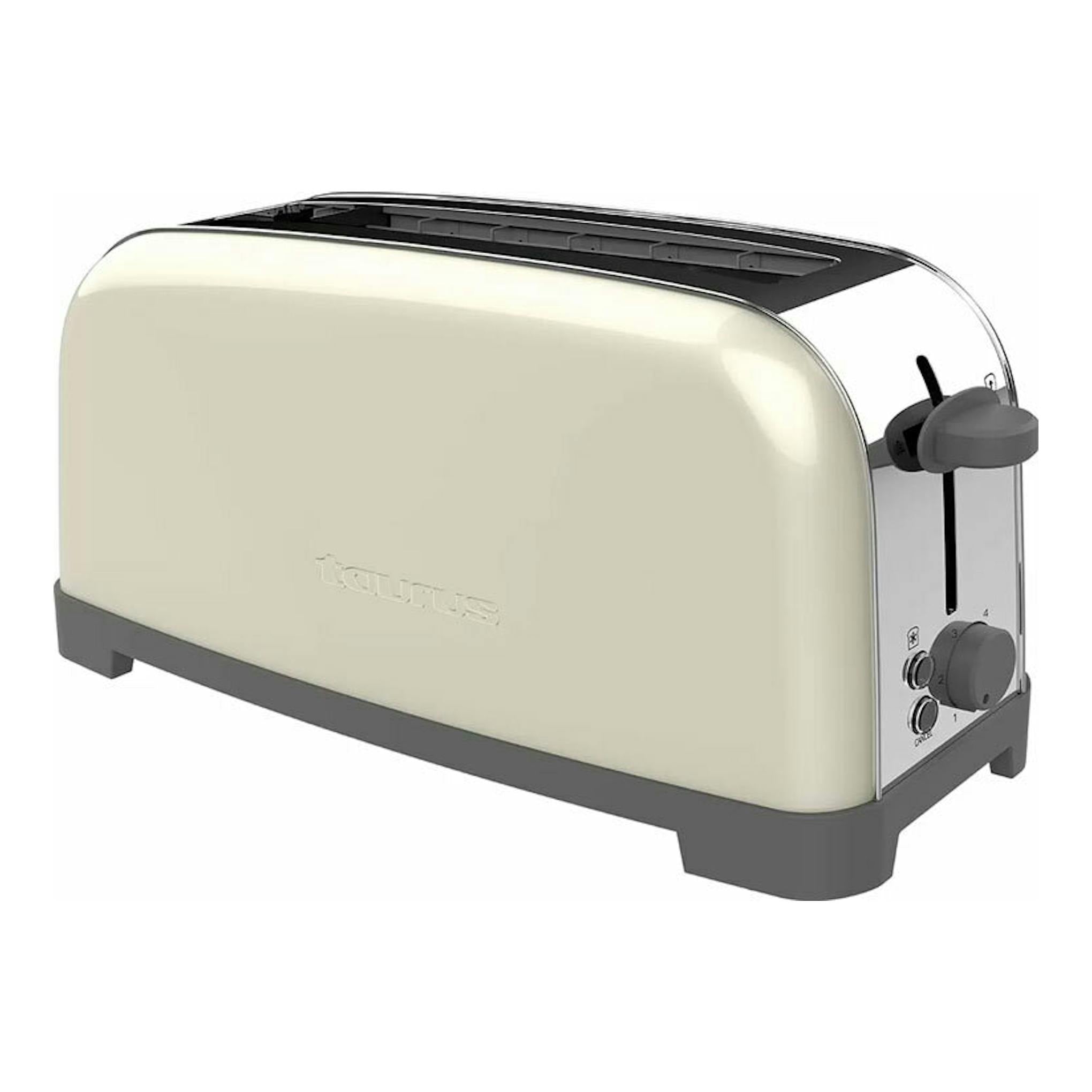 Tostador Taurus Vintage Single Cream, color crema, vista 3/4 lateral con panel gris.