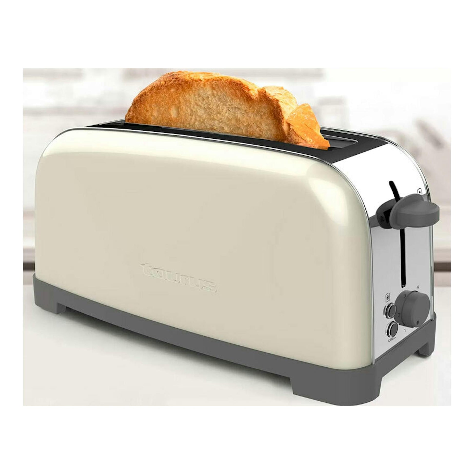 Tostador Taurus Vintage SINGLE Cream, color crema, vista lateral, con una rebanada de pan en la ranura.