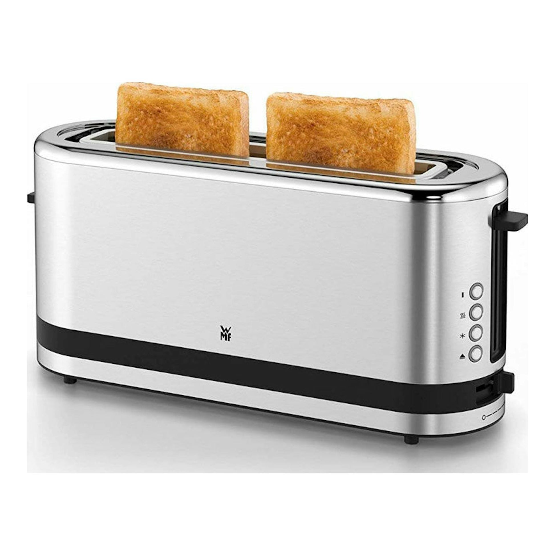 Tostador WMF Kitchenminis de acero inoxidable, vista frontal en ángulo, con dos tostadas en la ranura.