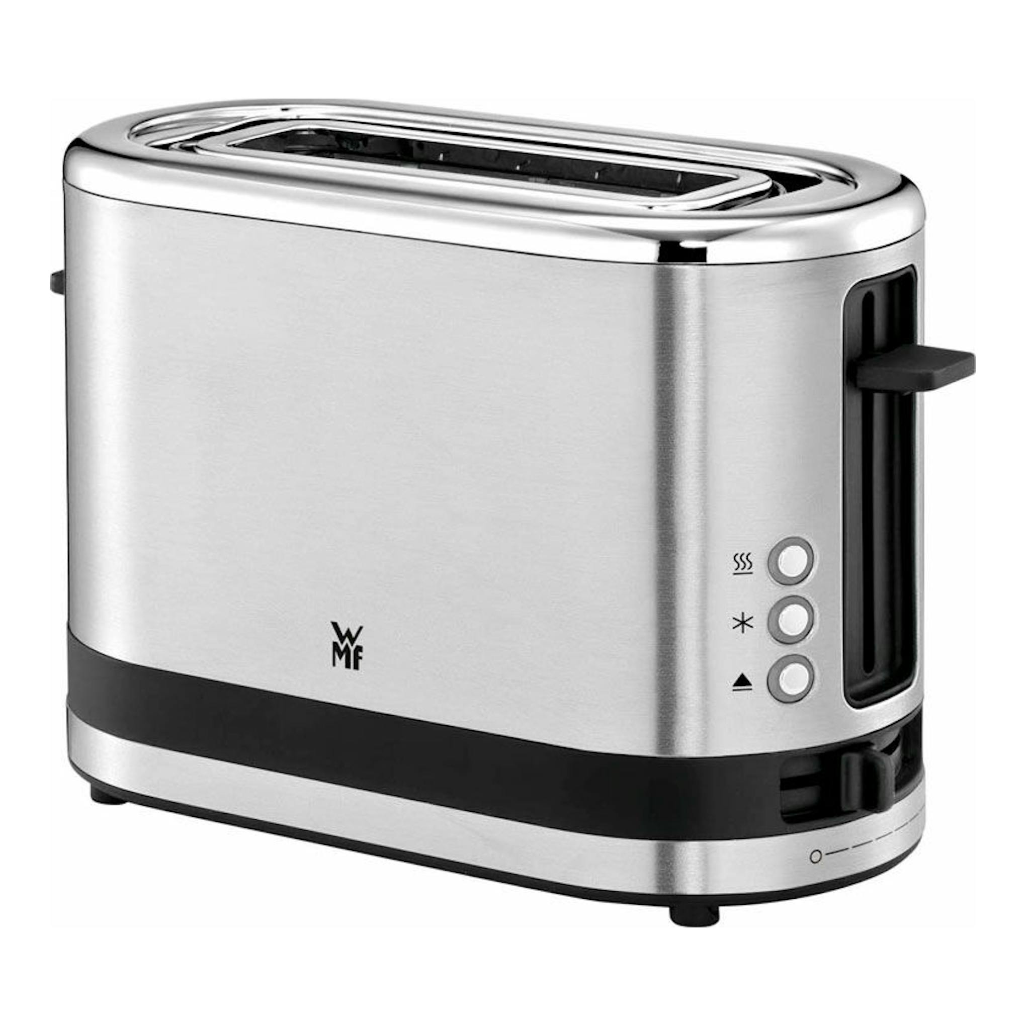 Tostador WMF Kitchenminis de 1 ranura, acero inoxidable y negro, vista frontal en ángulo.