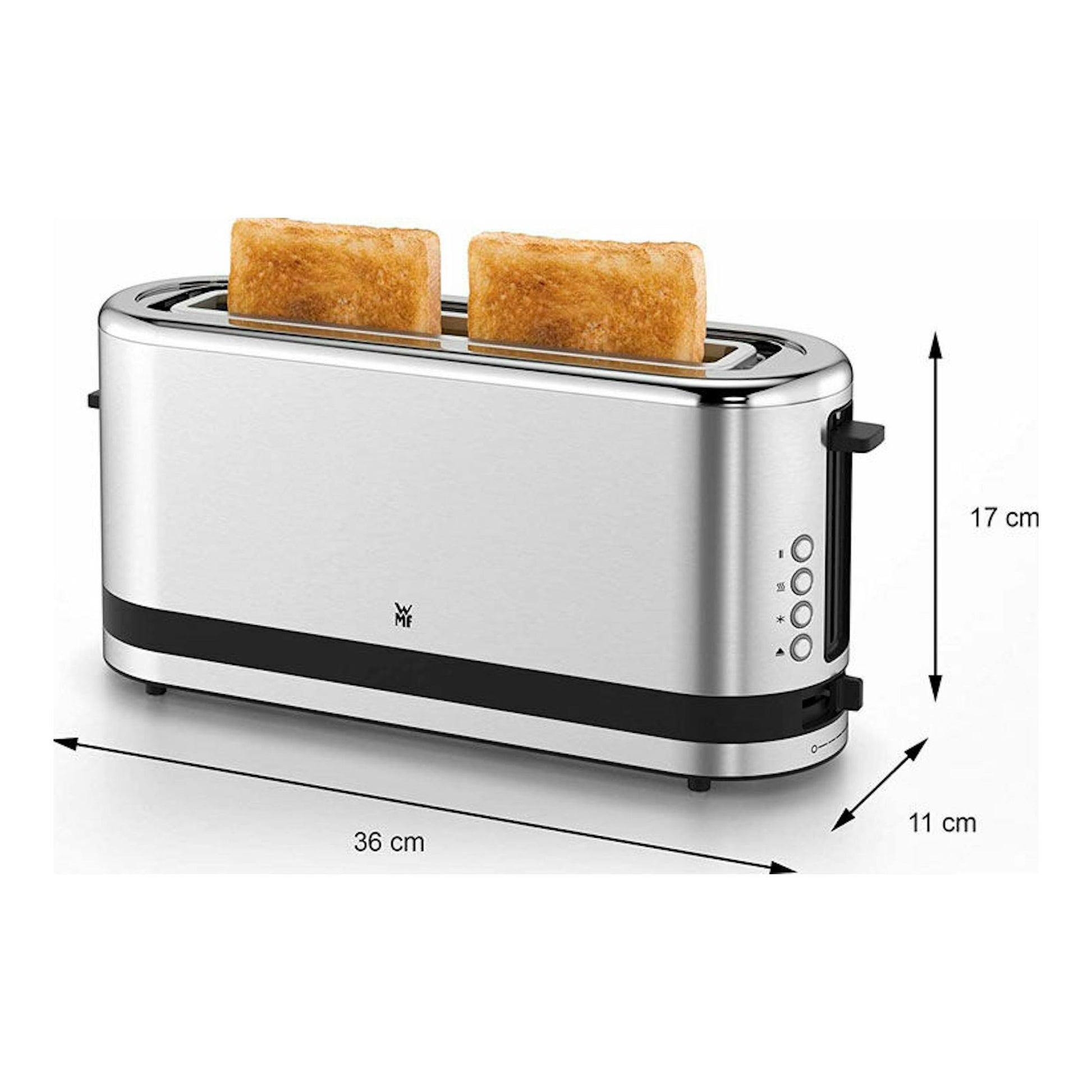 Tostador WMF Kitchenminis plateado, vista 3/4, con dos tostadas y controles laterales.