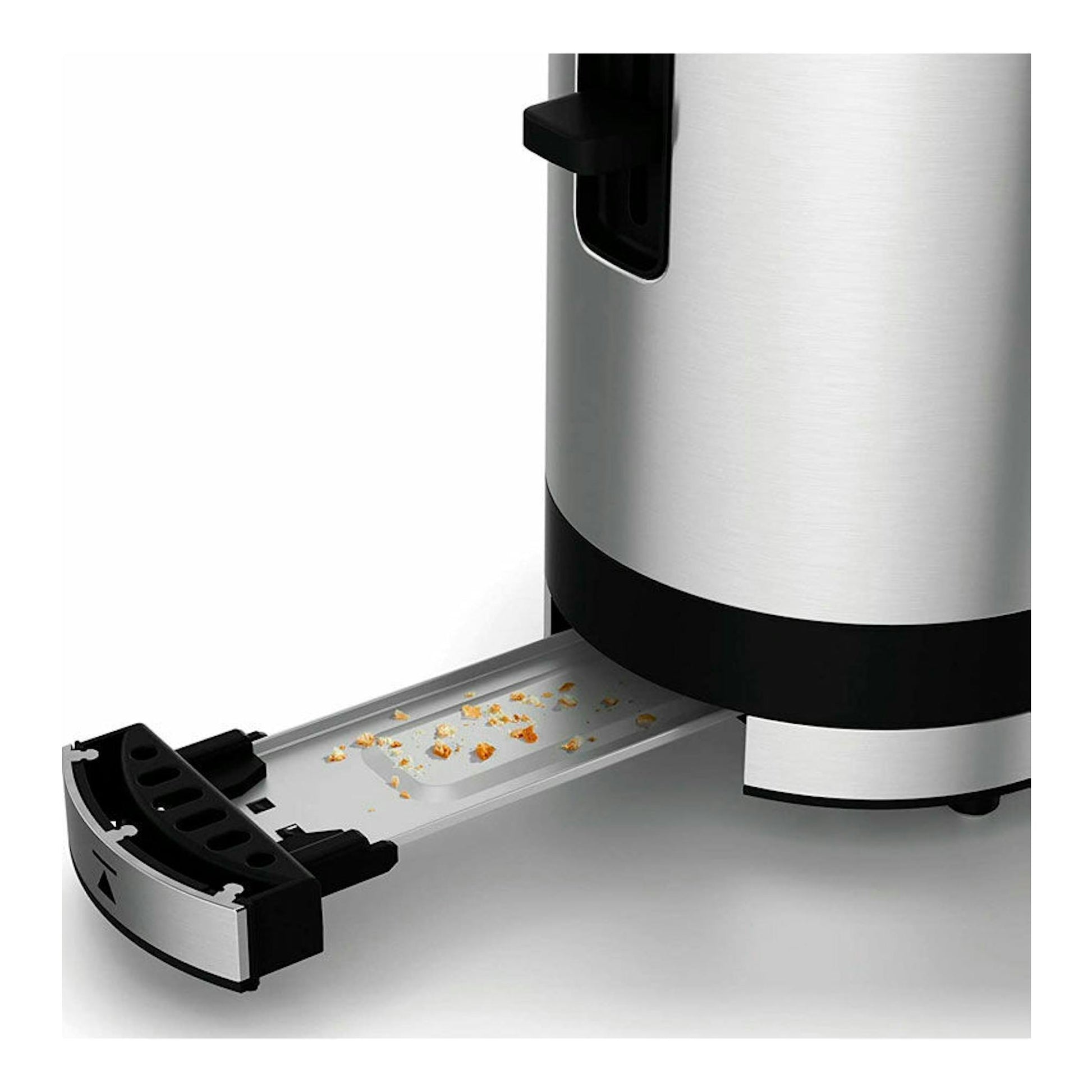Tostador WMF Kitchenminis de 1 ranura, acero inoxidable y negro, con bandeja recogemigas extraída.