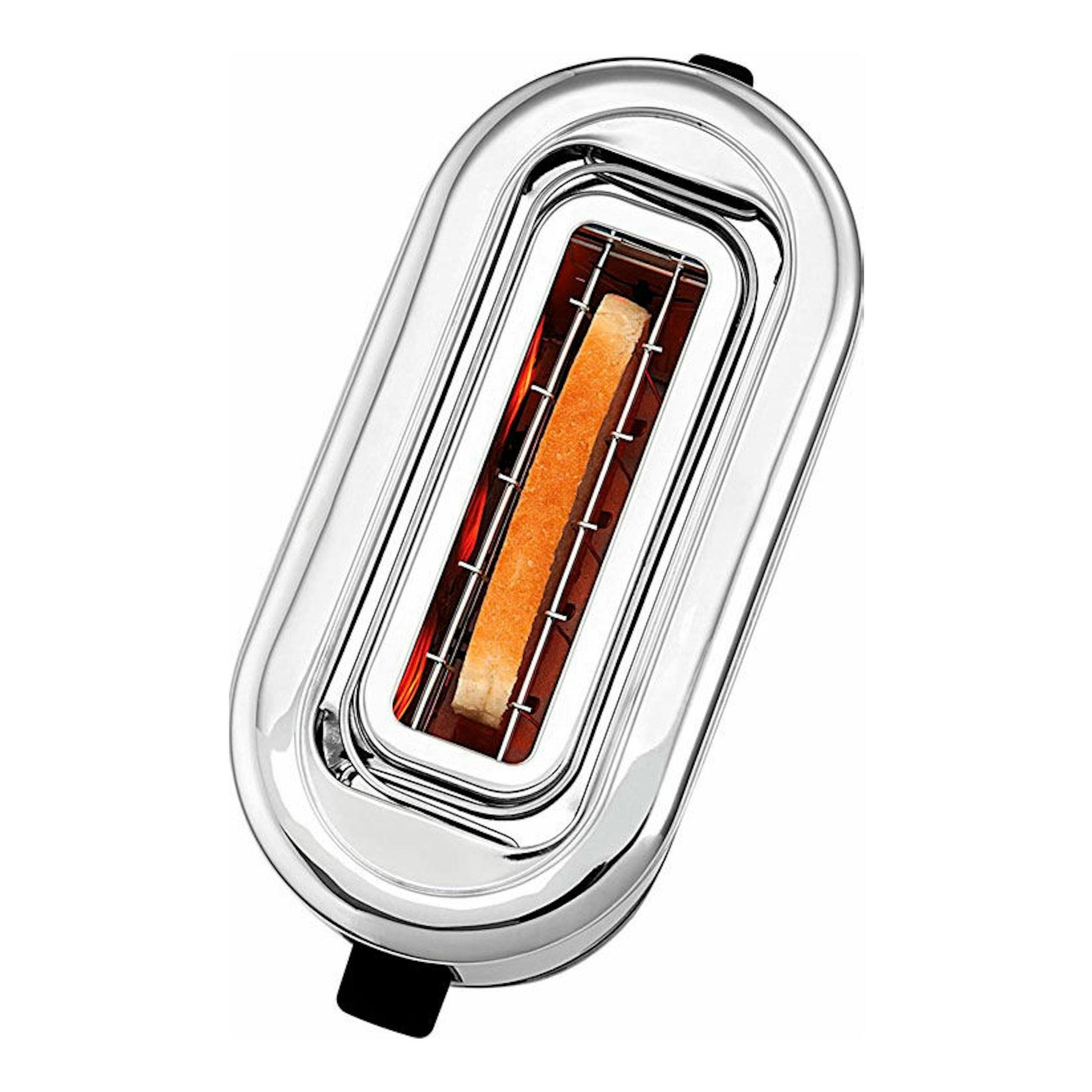 Tostador WMF Kitchenminis de 1 ranura, color plateado, vista superior con una rebanada de pan tostándose.