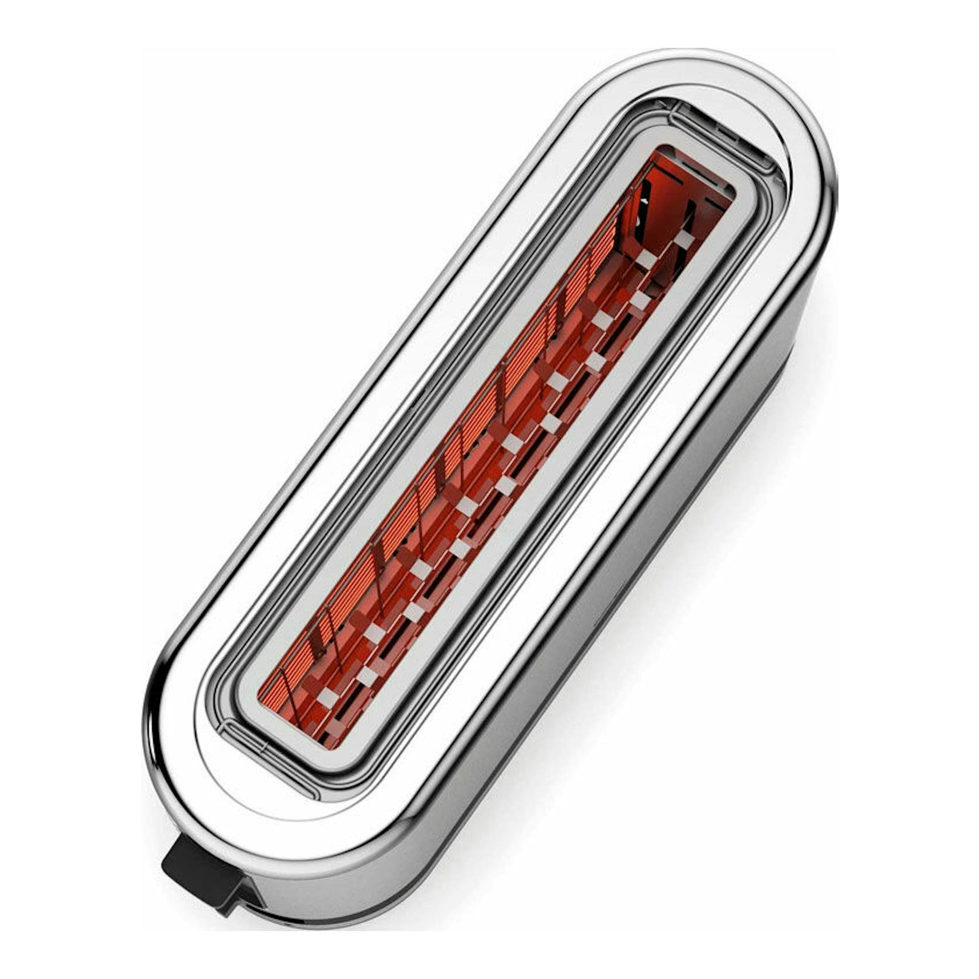 WMF Kitchenminis tostador de 1 ranura, vista cenital en ángulo, acero inoxidable plateado con interior rojo.