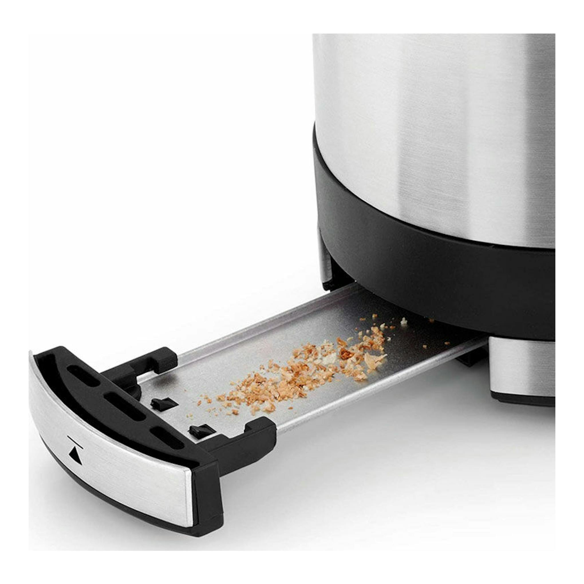 Tostador WMF Kitchenminis de una ranura, acero inoxidable y negro, con bandeja recoge migas extraíble.