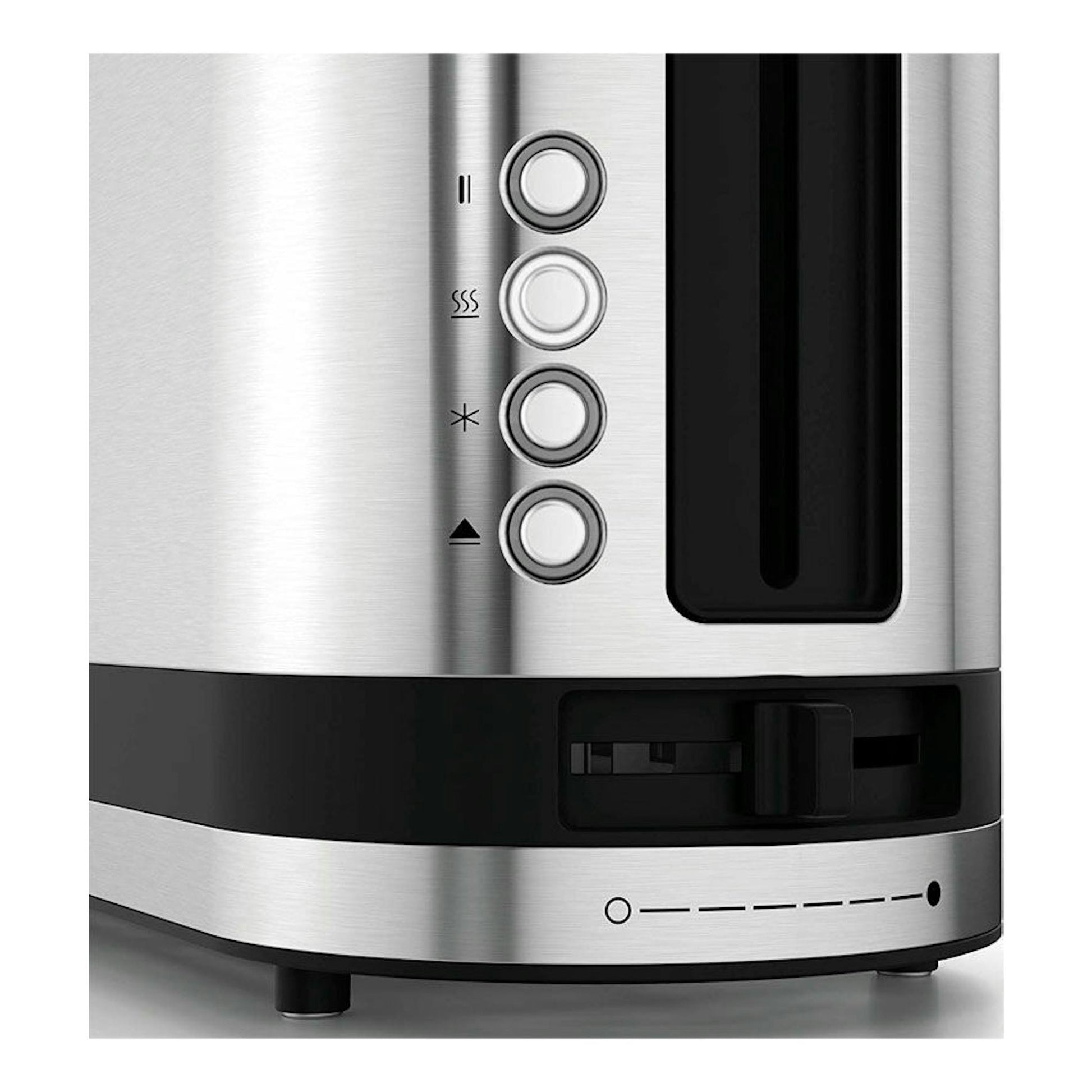 Tostador WMF Kitchenminis de 1 ranura, vista frontal, acero inoxidable y negro, con botones laterales.