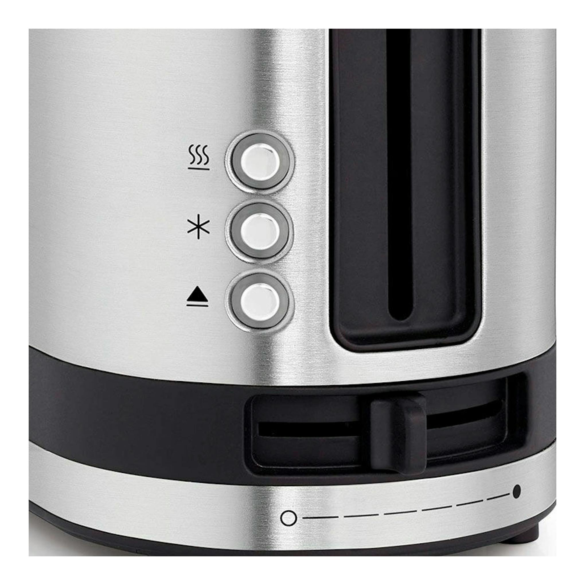 Tostador WMF Kitchenminis de 1 ranura, vista frontal en acero inoxidable y negro, con botones laterales.
