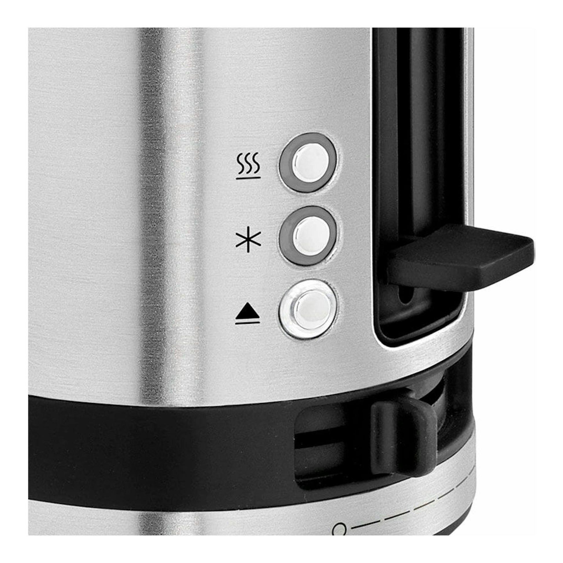 Tostador WMF Kitchenminis de una ranura, en acero inoxidable, con botones y palanca, vista frontal parcial.