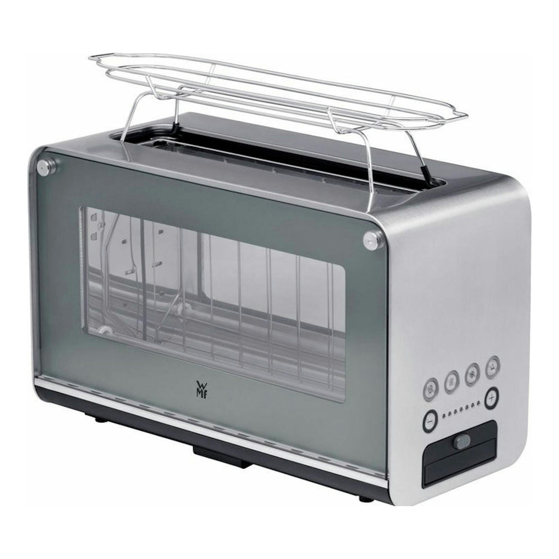 Tostadora WMF de 1 ranura, vista frontal en tres cuartos, acero inoxidable con panel frontal de vidrio.
