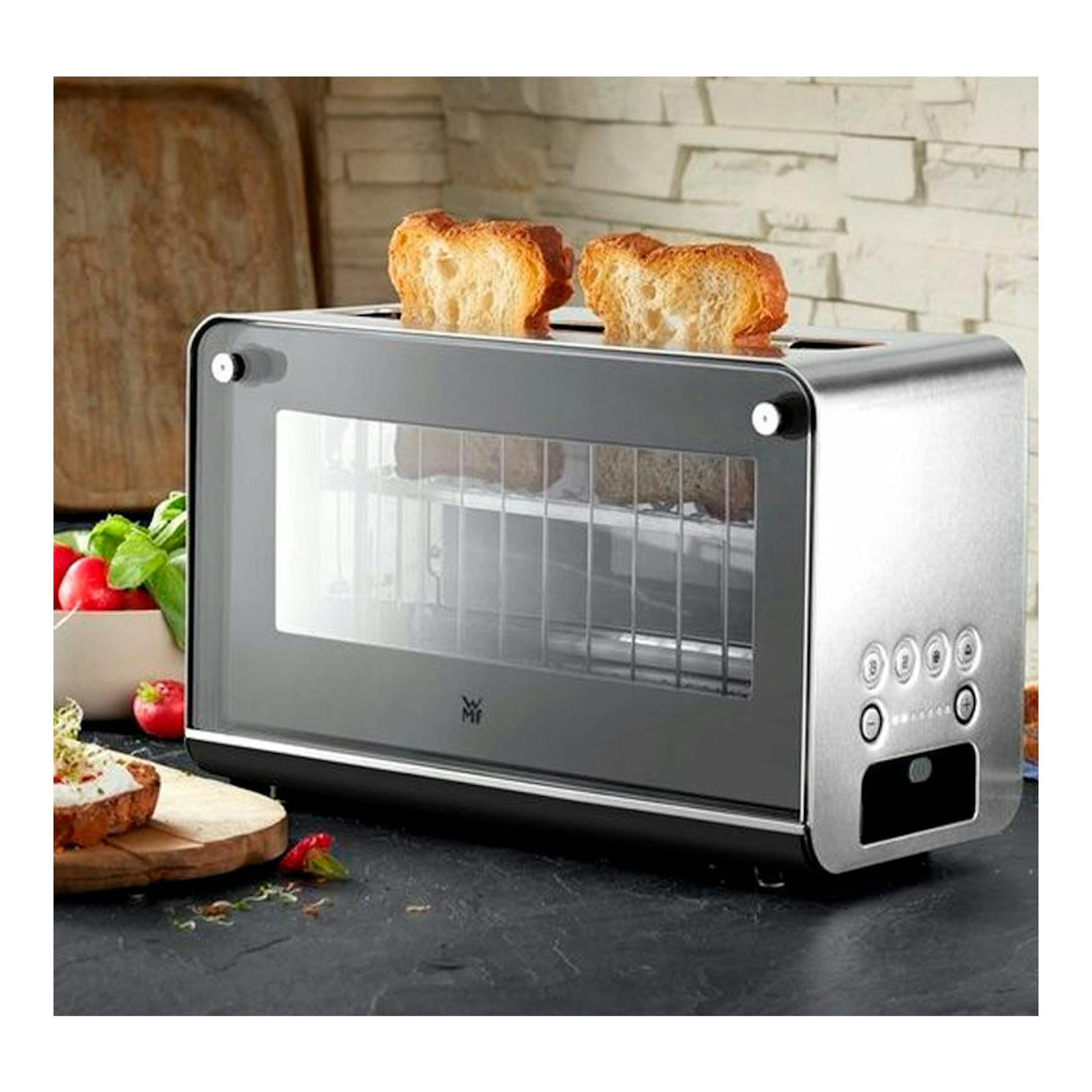 Tostadora WMF Glass de 1 ranura, vista frontal lateral, en acero inoxidable y panel de cristal.