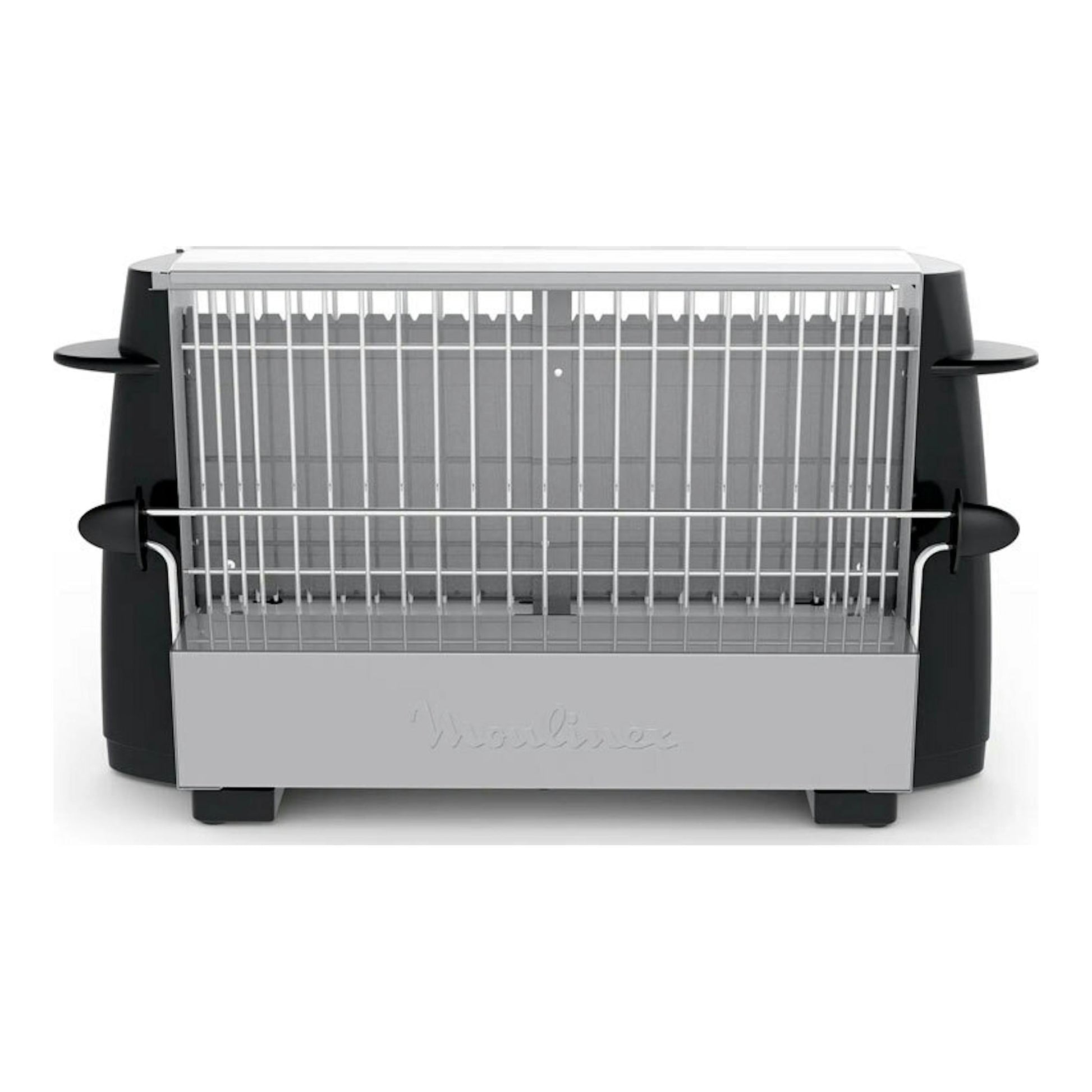Moulinex A1545310, tostador eléctrico frontal en blanco, negro y plata, con rejilla metálica.