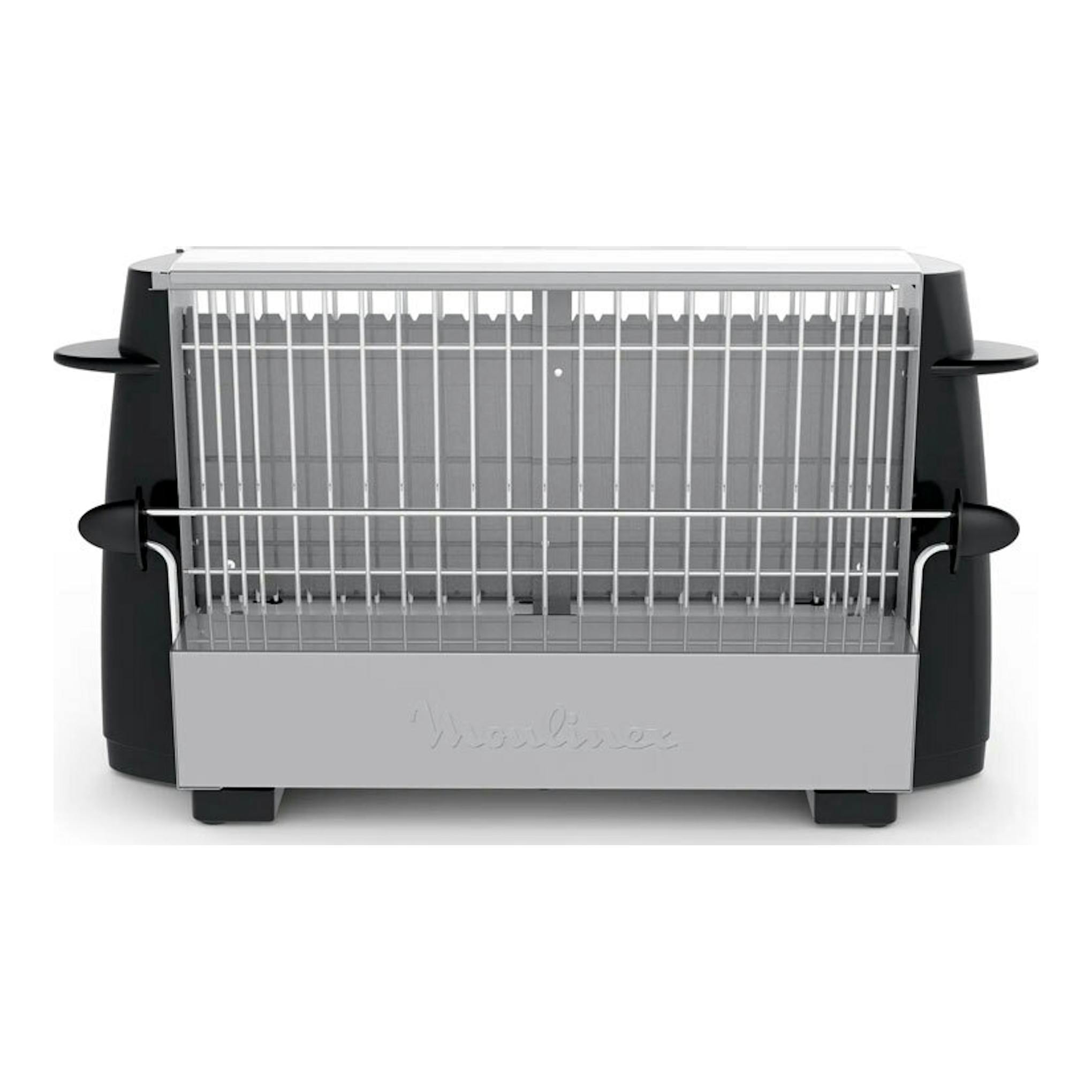 Moulinex A1545310, tostador eléctrico frontal en blanco, negro y plata, con rejilla metálica.