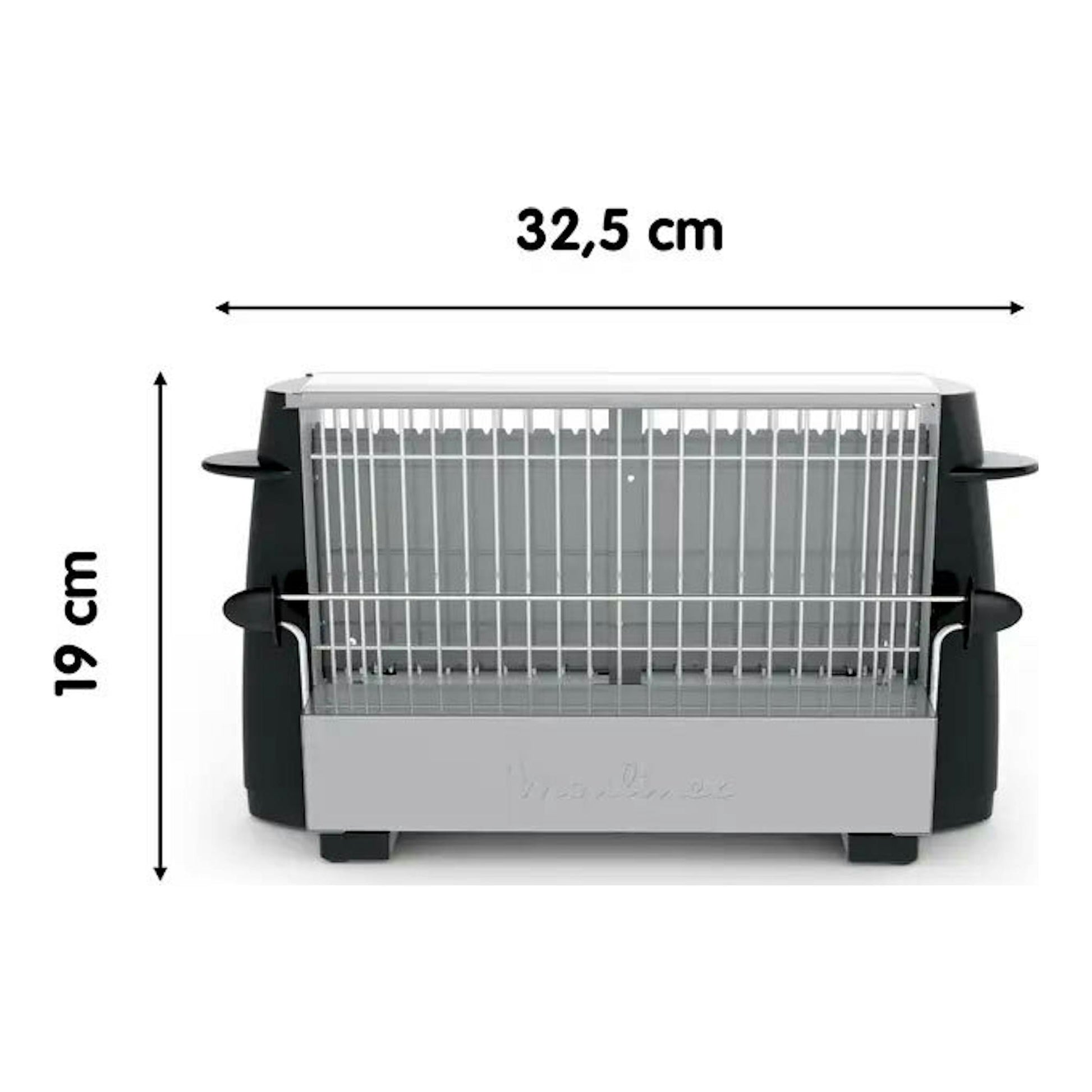 Tostador Moulinex A1545310 negro y plateado, vista frontal, con medidas 32,5 cm x 19 cm.