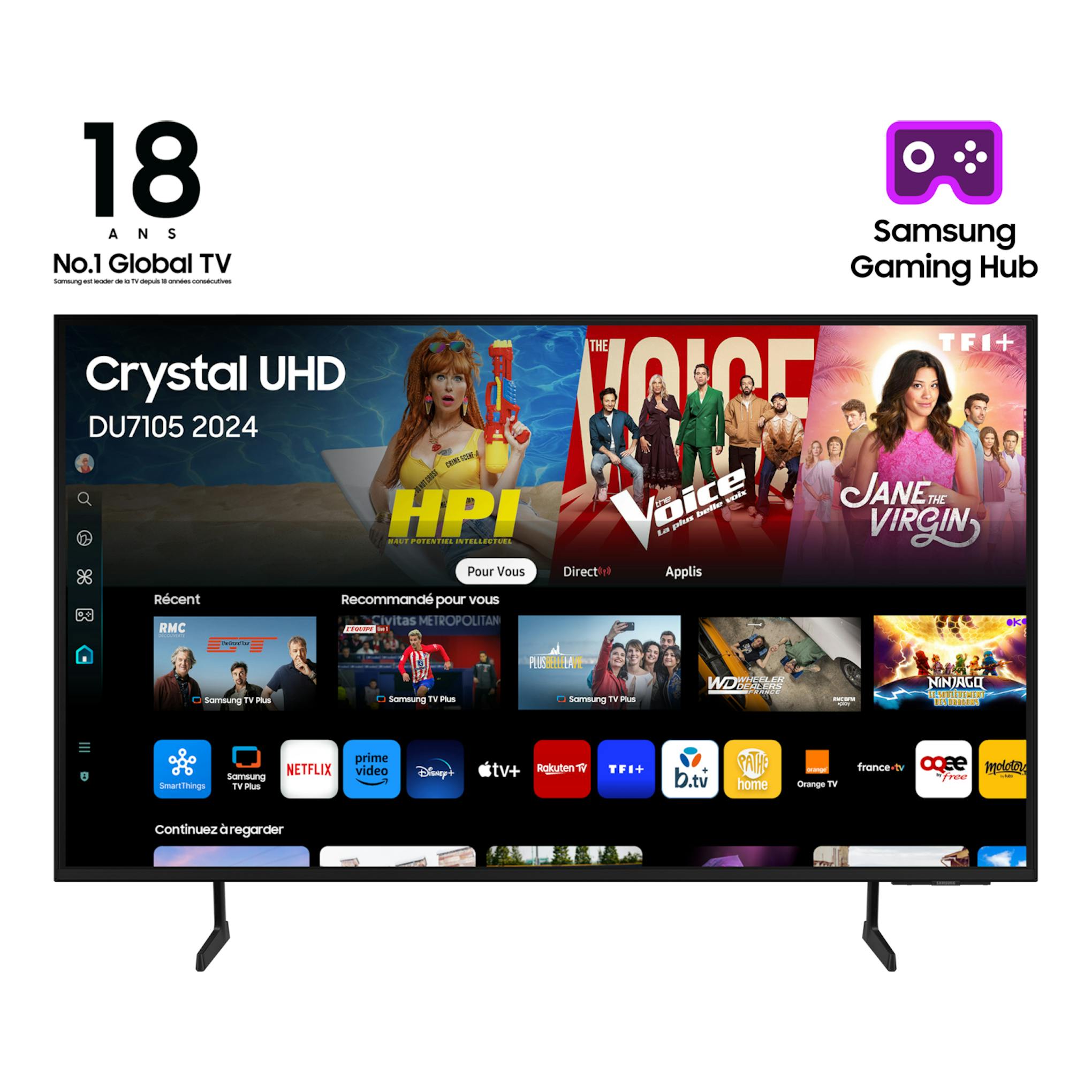 Televisor Samsung TU55DU7105KXXC, vista frontal, con peana y pantalla Smart TV Crystal UHD.