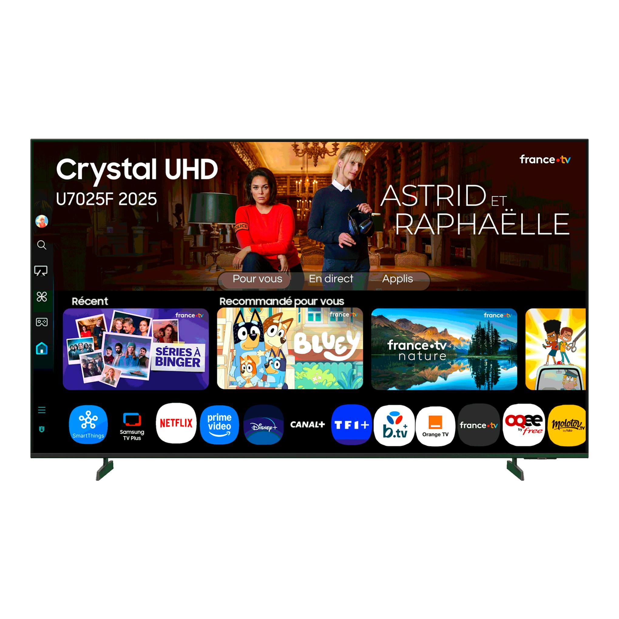 Samsung TU85U7025FKXXC, TV 4K LED de frente en negro con interfaz Smart TV y apps.