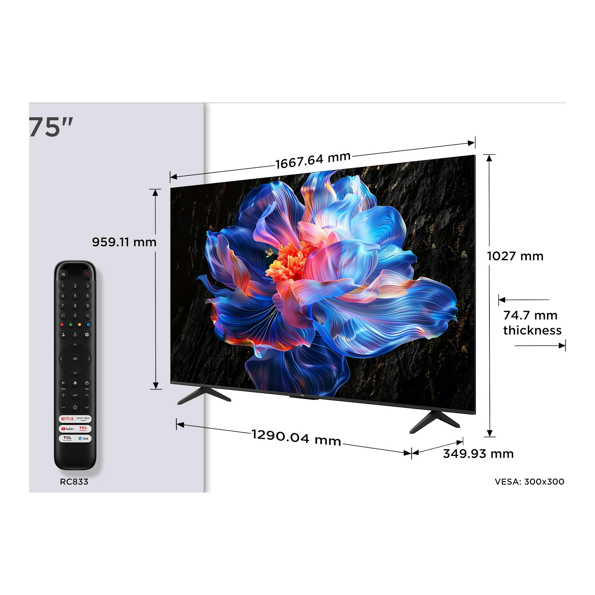 TCL 75P6K: TV negra de 75" en vista frontal inclinada, con mando RC833 y medidas de ancho, alto y grosor.