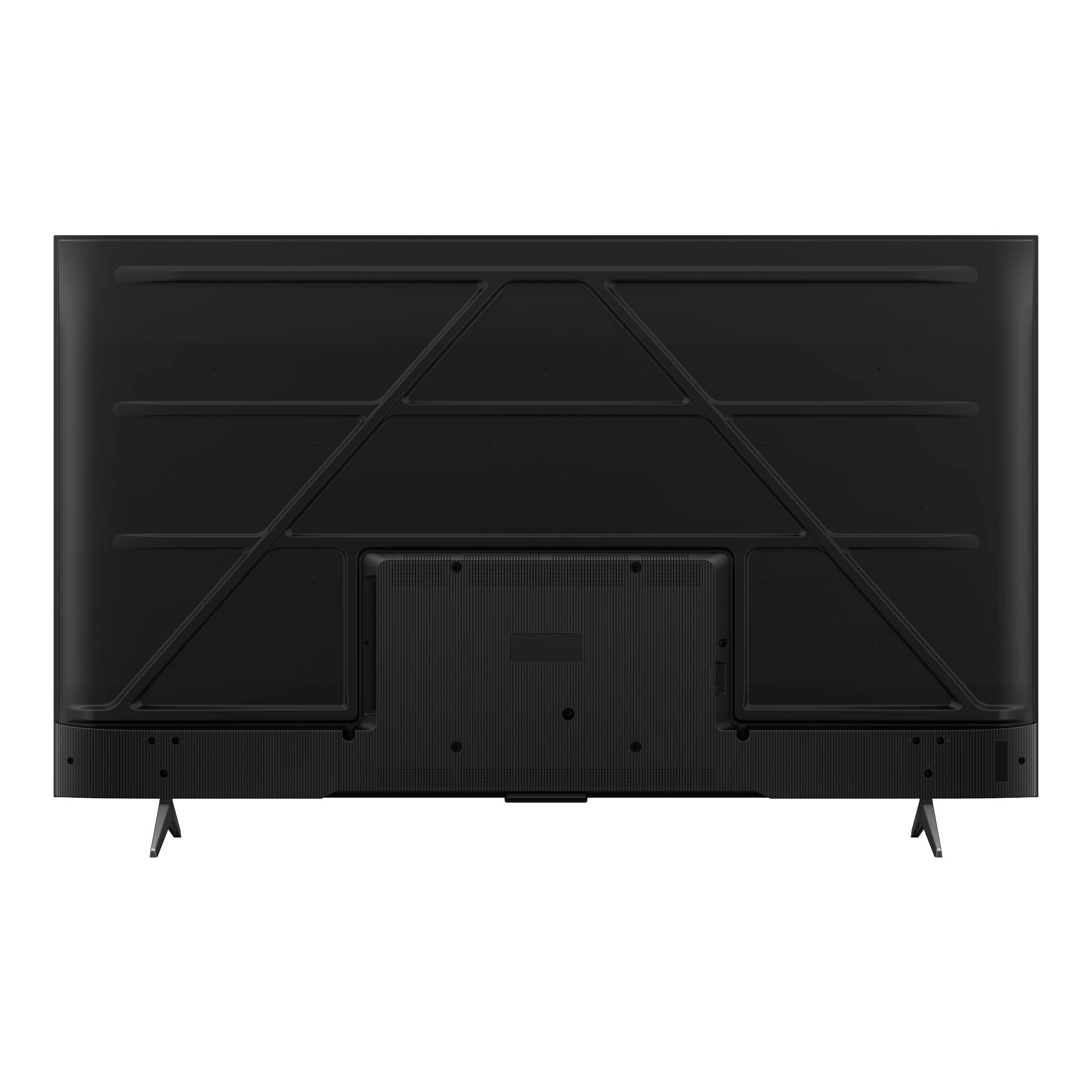 Televisor TCL 75P6K negro, vista trasera, con dos patas laterales y panel posterior texturizado.