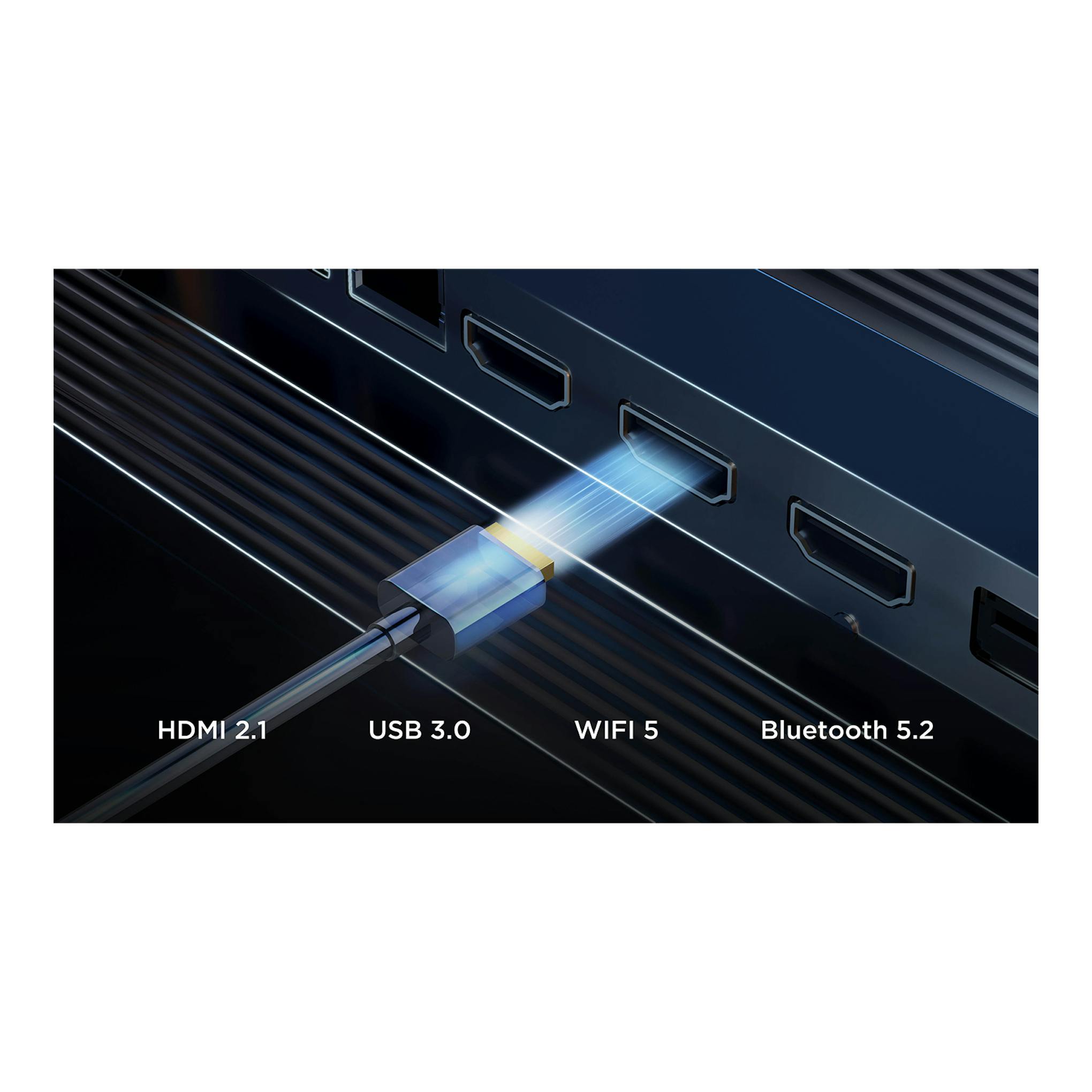 TCL 75P6K, vista trasera de puertos HDMI, con cable conectado; HDMI 2.1, USB 3.0, Wi‑Fi 5 y Bluetooth 5.2.