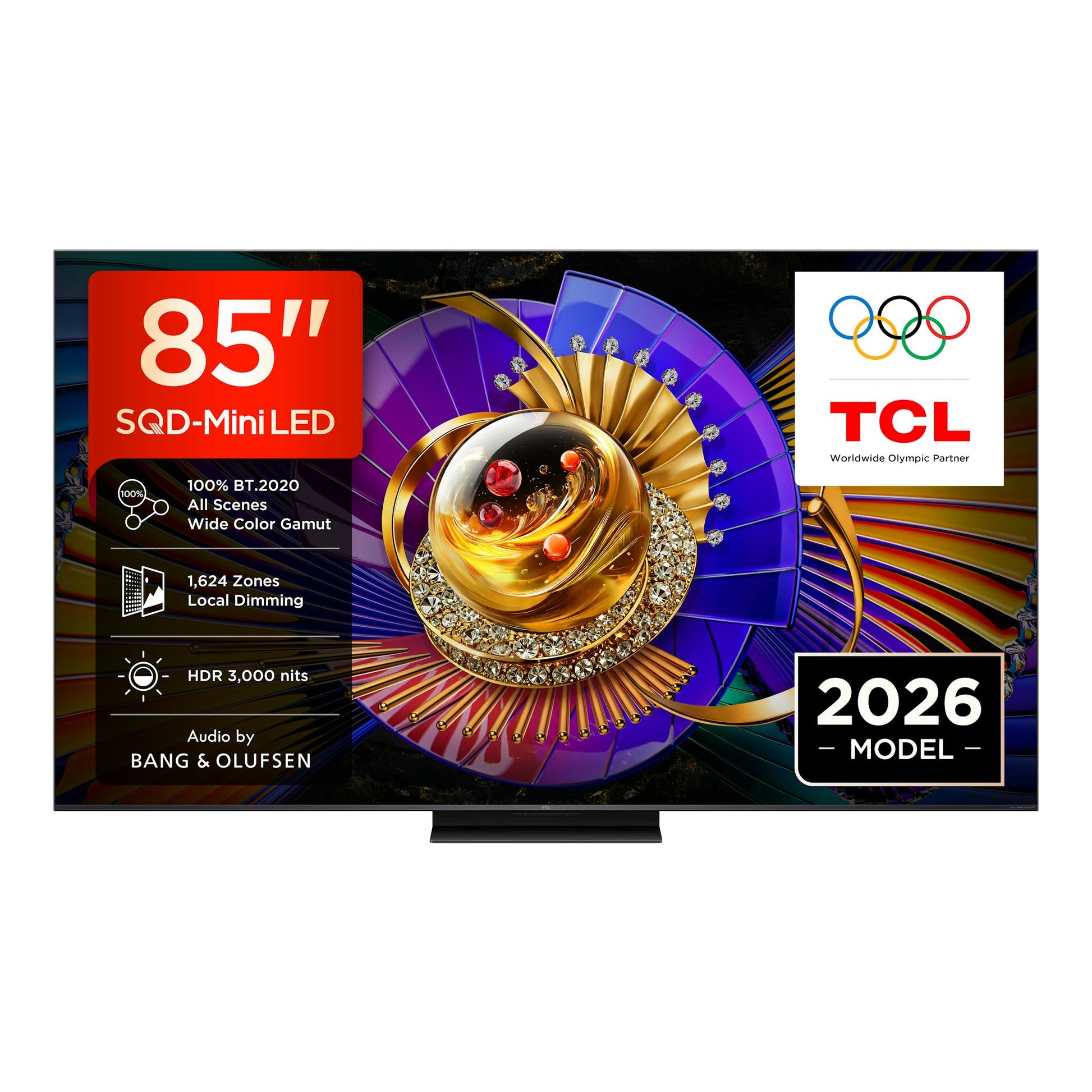 TV TCL 85C7L de 85'', vista frontal, con pantalla promocional colorida y textos de Mini LED, HDR y 2026.