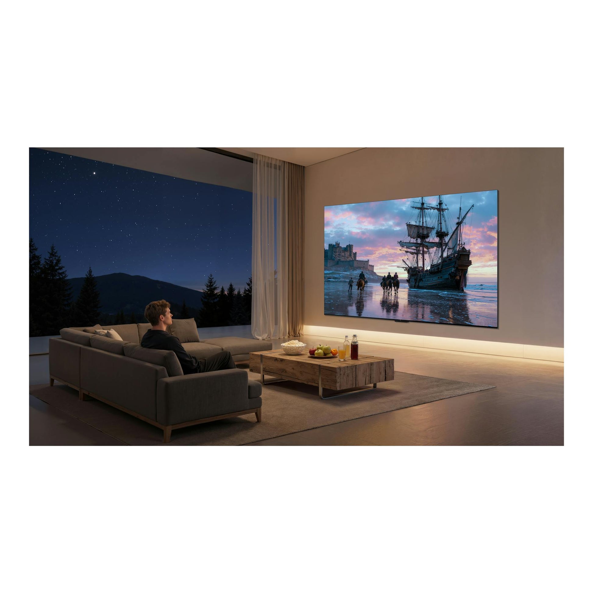TV TCL 85C7L de 85 pulgadas montada en pared, vista frontal, en salón moderno con imagen de un barco.