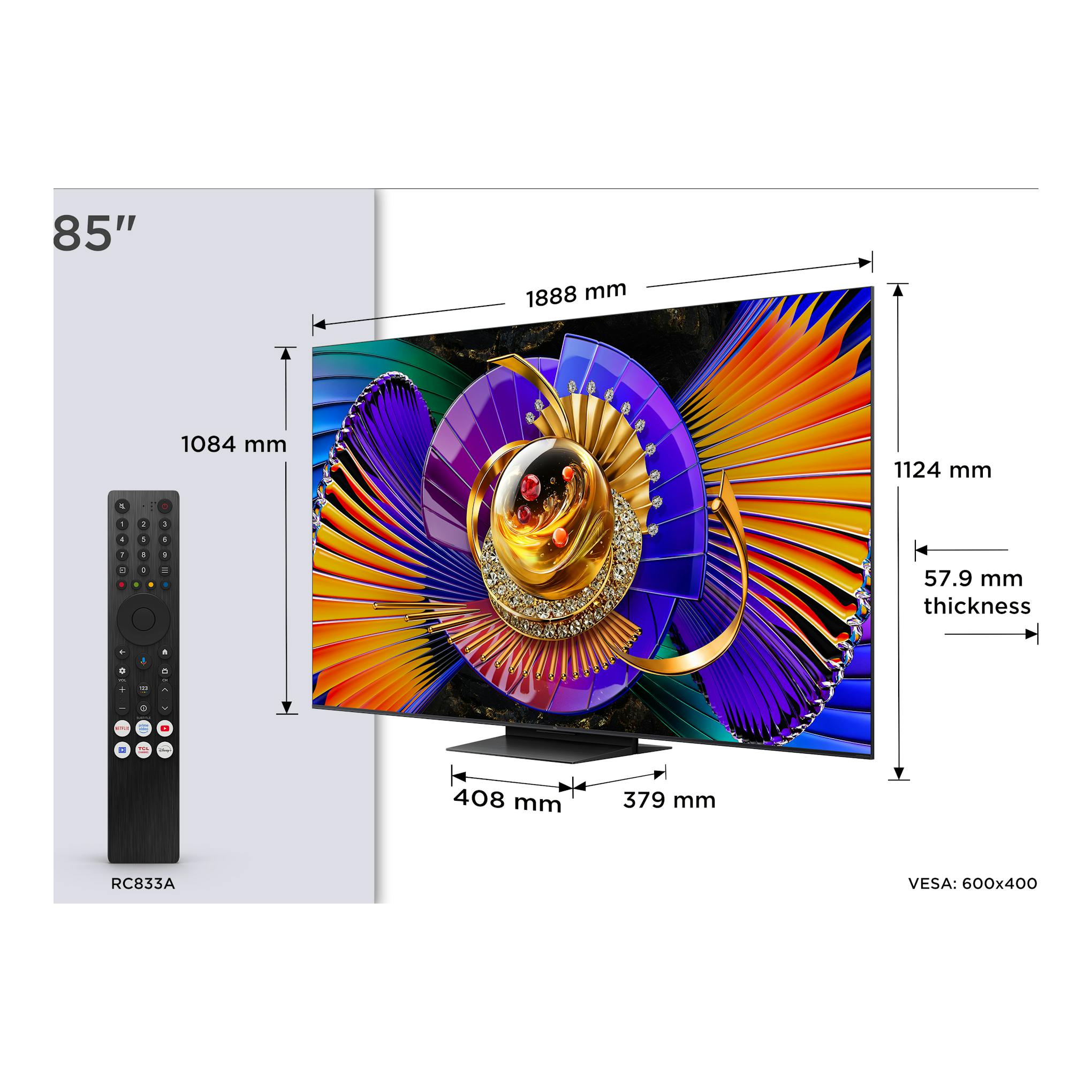 TCL 85C7L TV 85” en vista frontal con mando a distancia y medidas: 1888 x 1124 x 57,9 mm.