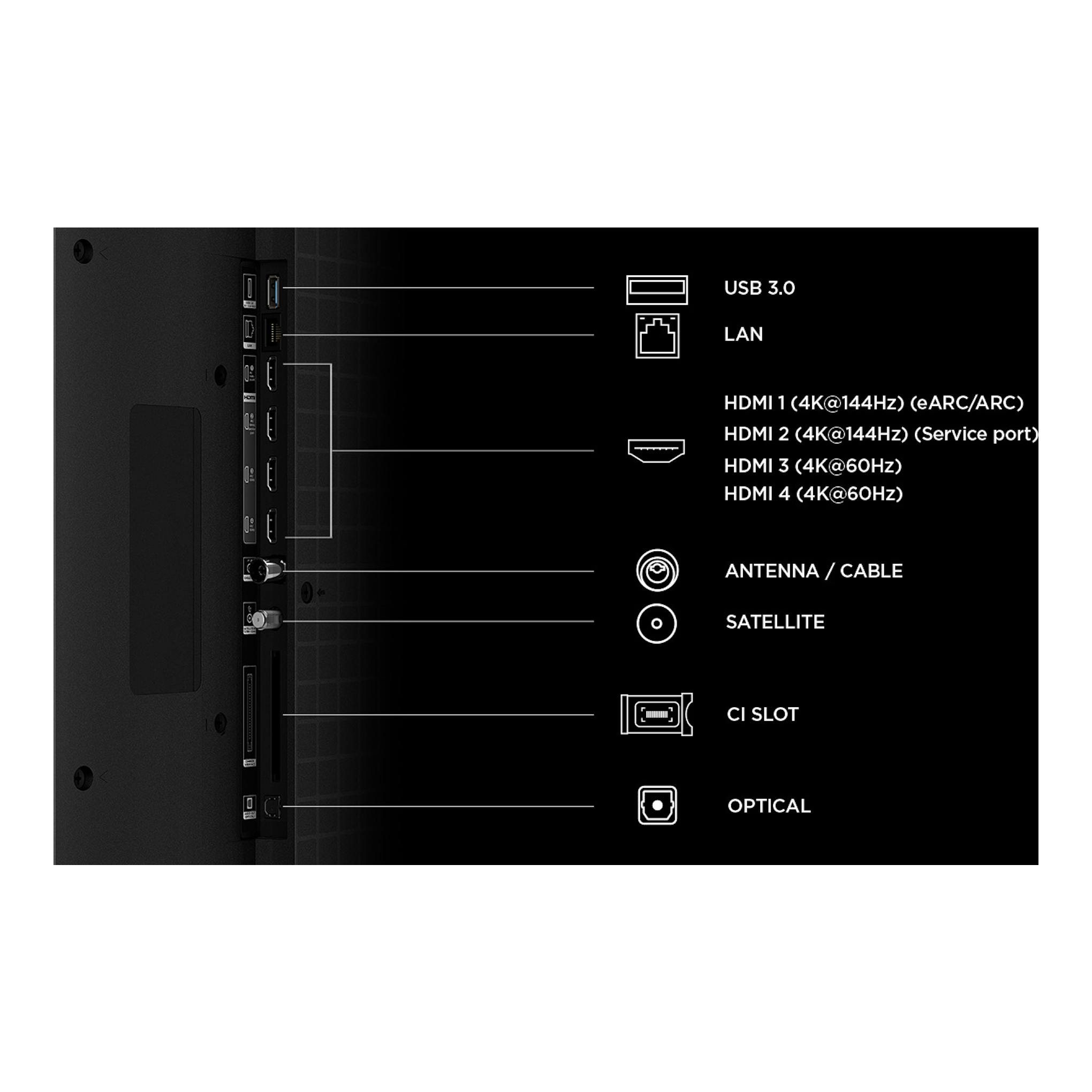 Vista trasera de TV TCL 85C7L negra con panel de conexiones: HDMI, USB, LAN, antena y óptico.