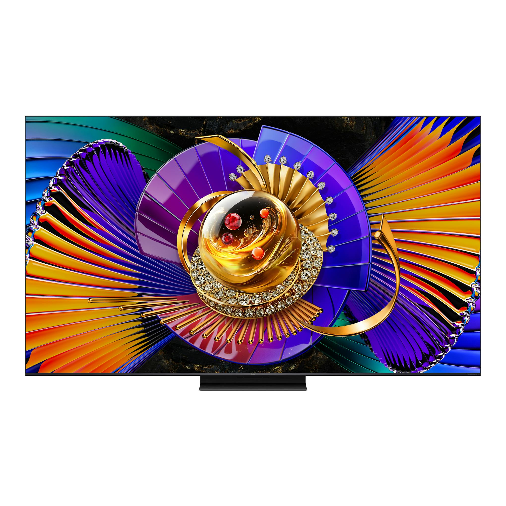 TV TCL 85C7L, vista frontal, pantalla con imagen abstracta multicolor y base negra