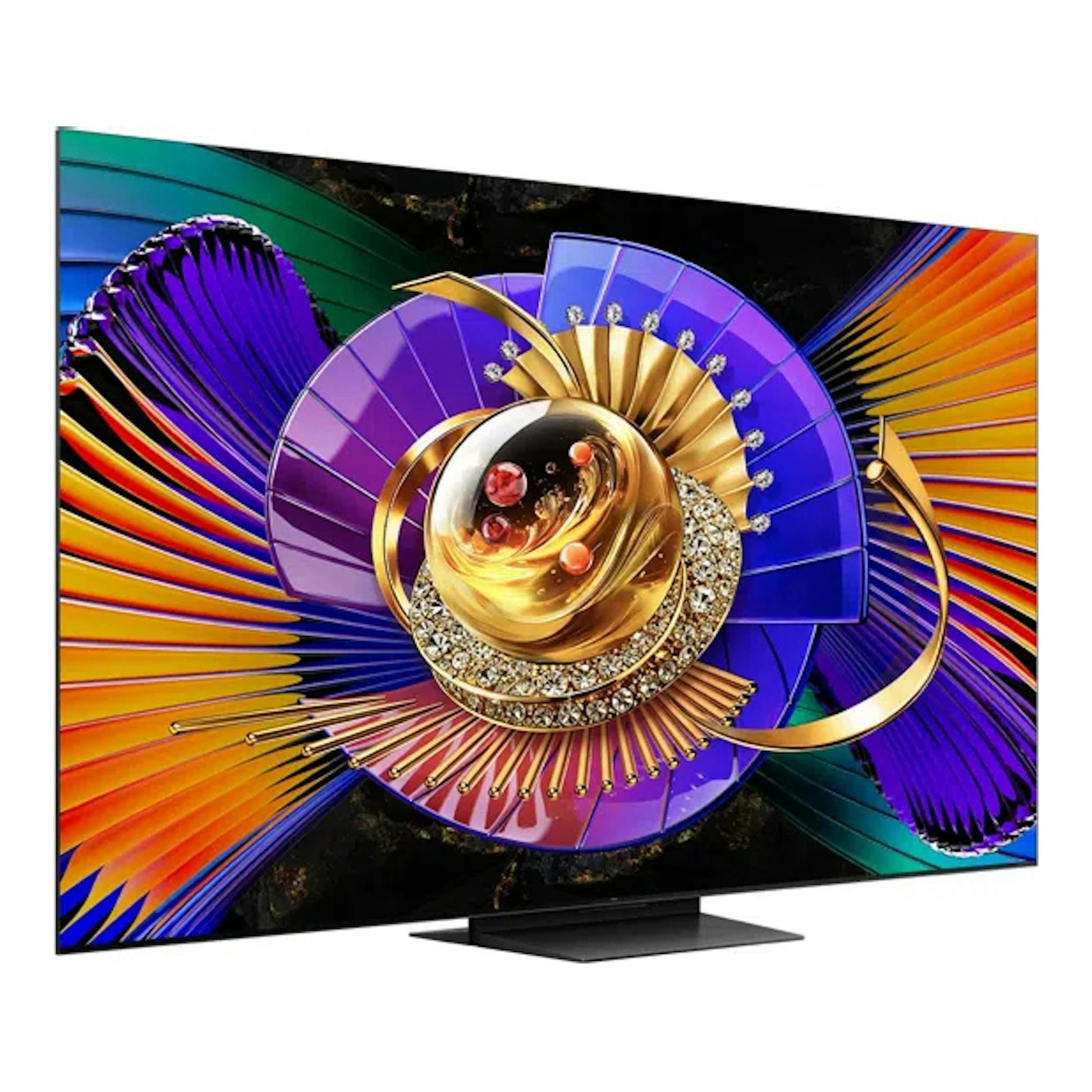 TV TCL 75C7L negra, vista frontal en ángulo, con base central y pantalla con imagen abstracta multicolor.
