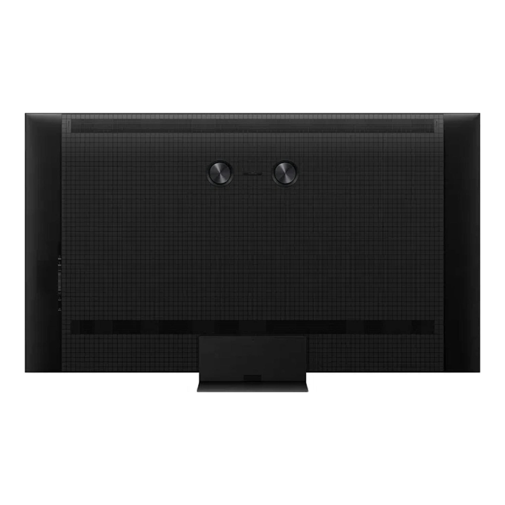 Vista trasera de un televisor TCL 55C7L negro, con soporte central y panel posterior texturizado.