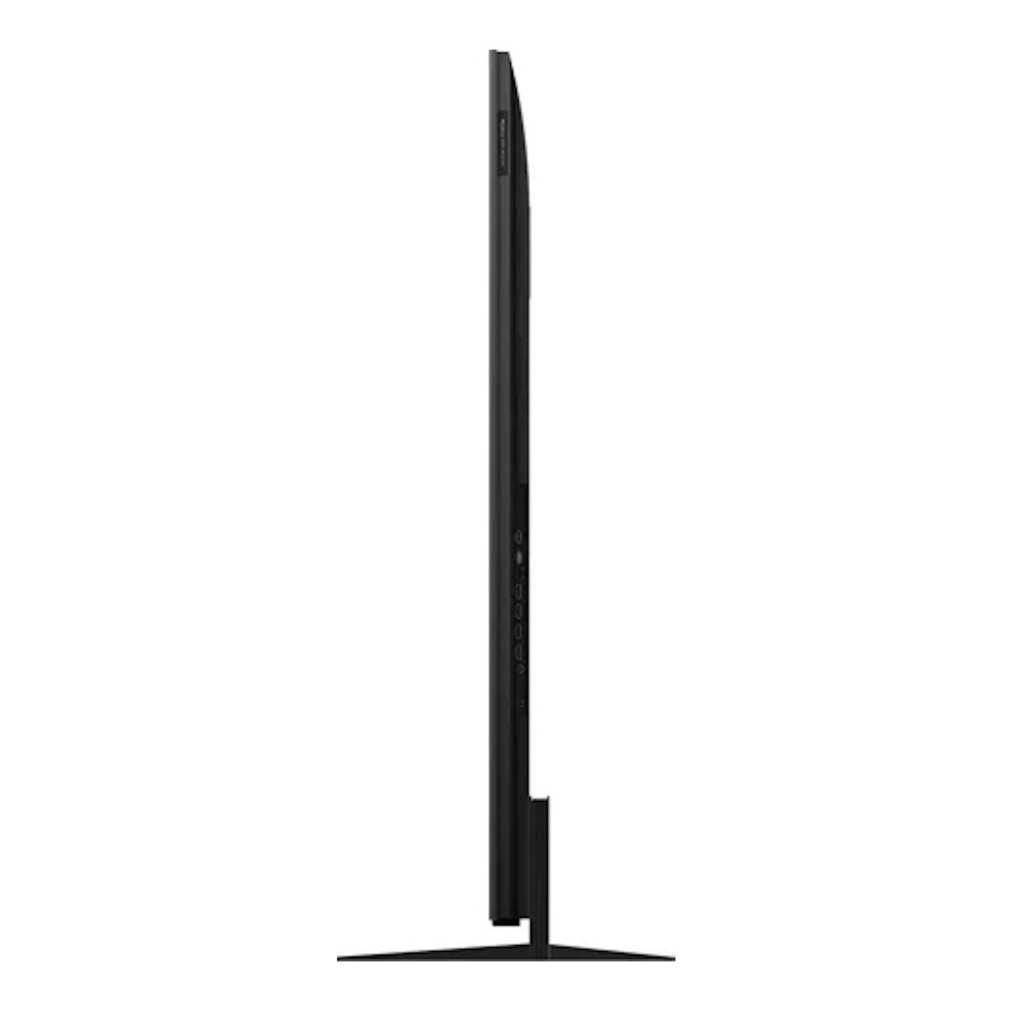 Televisor TCL 65C7L negro, vista lateral, sobre base central.