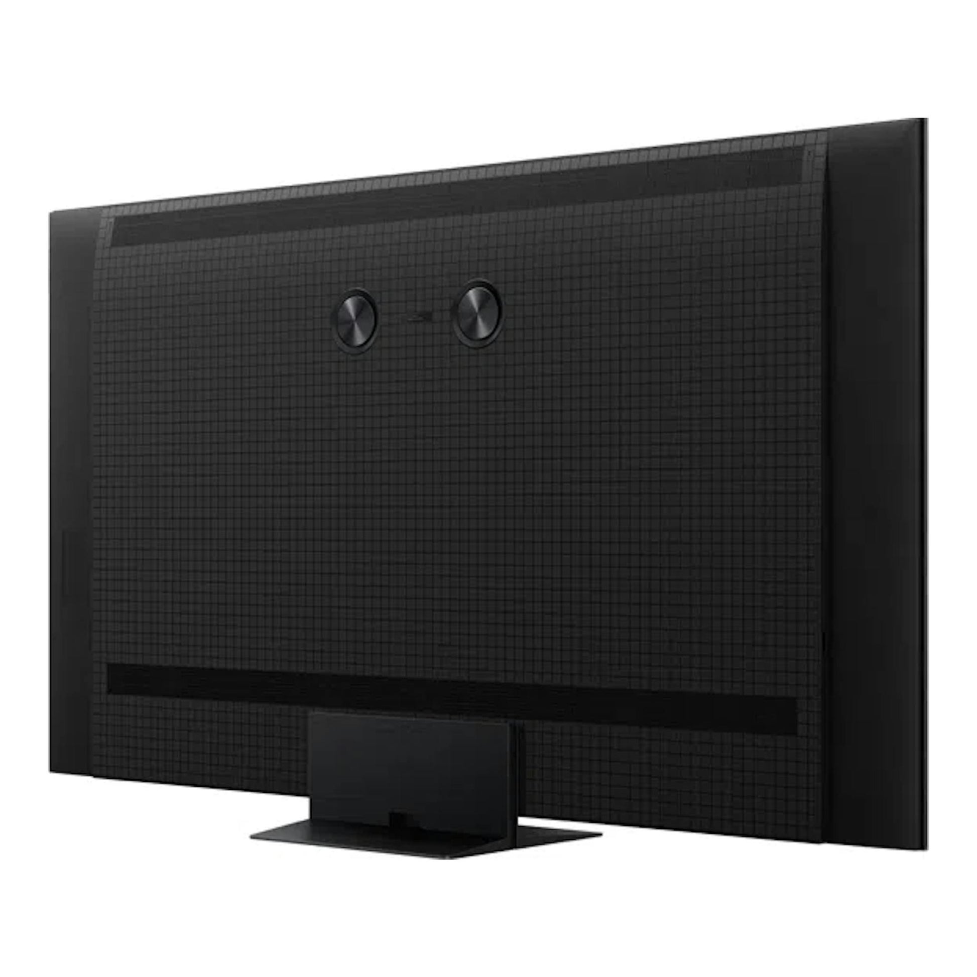 Televisor TCL 75C7L negro, vista trasera en ángulo, con base central.