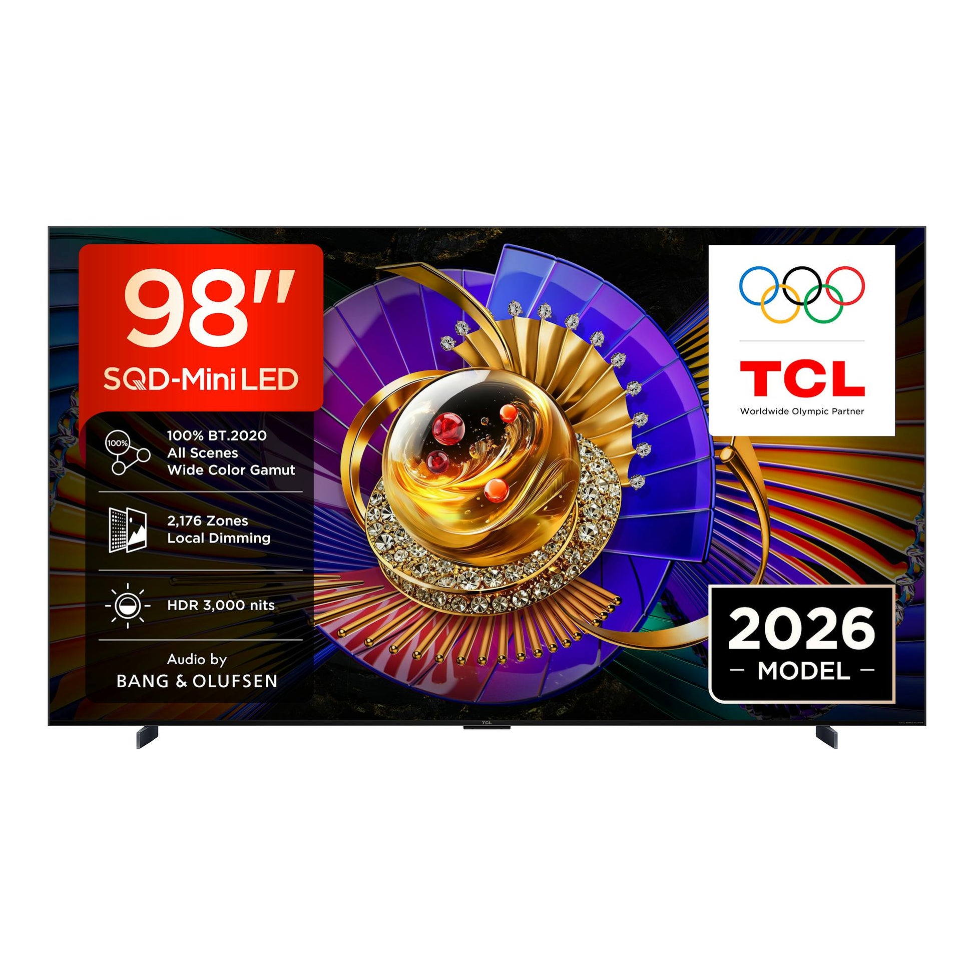 Televisor TCL 98C7L de 98 pulgadas, vista frontal, con pantalla promocional SQD-Mini LED y logo TCL.