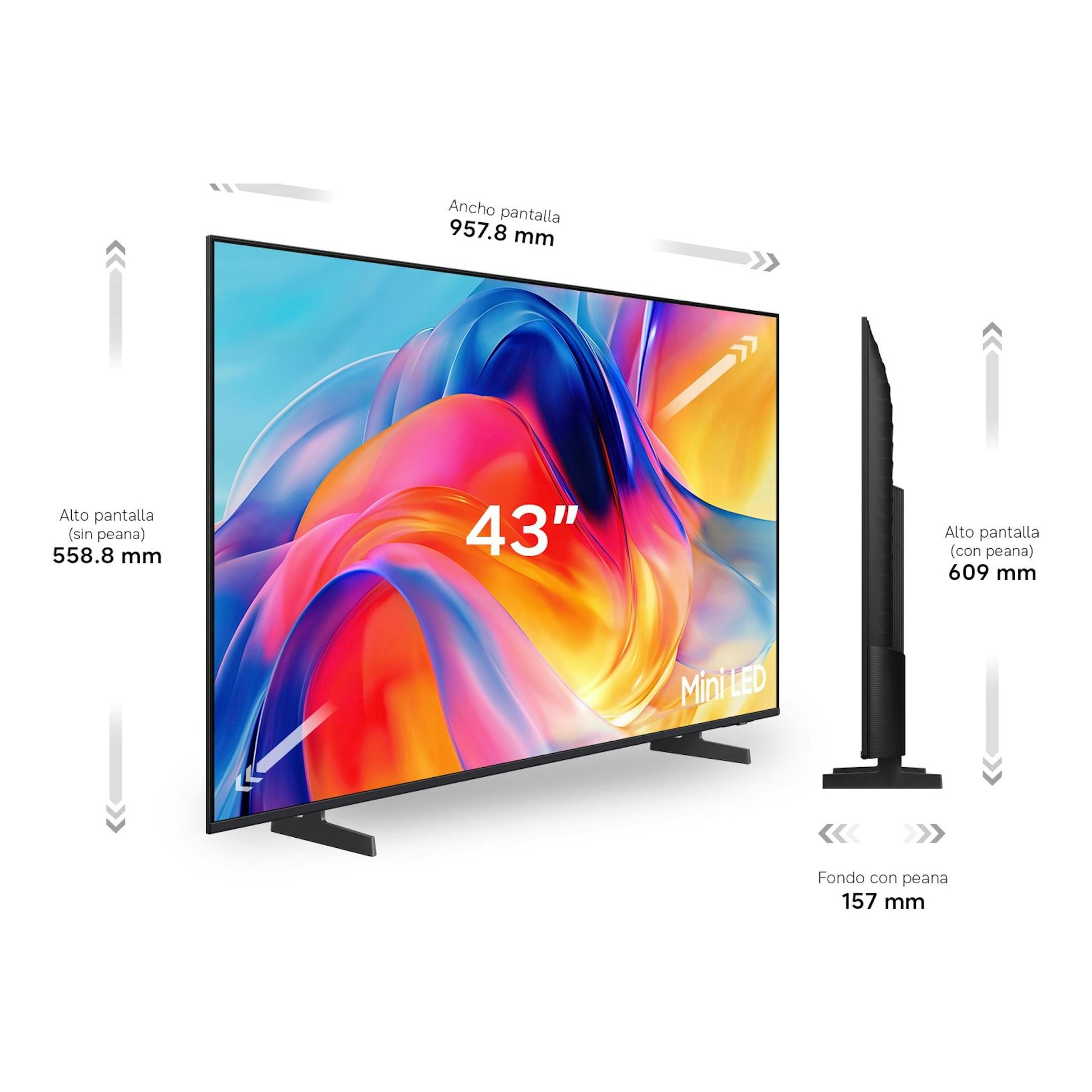 Samsung TU43M73HAUXXC, TV Mini LED de 43", vista frontal y lateral, en negro, con peana.