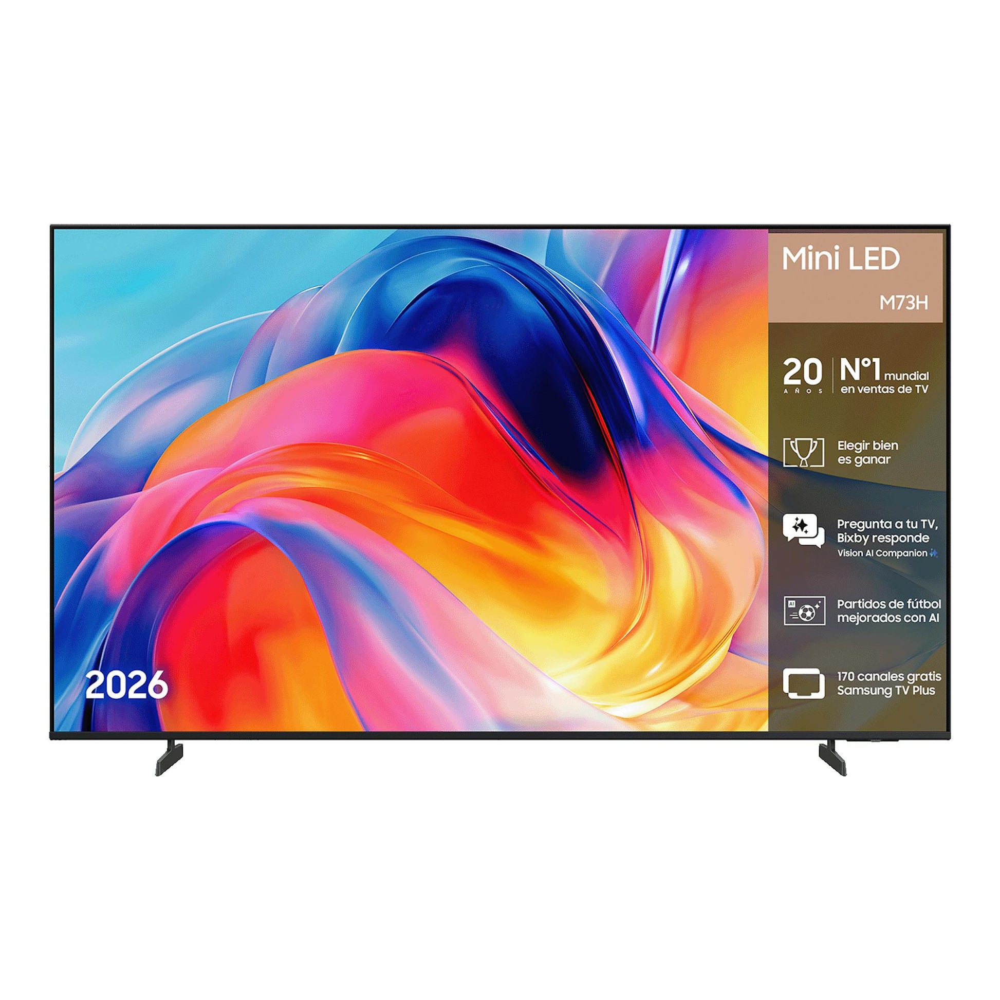 Televisor Samsung Mini LED M73H, vista frontal, negro, con pantalla abstracta multicolor y dos patas.