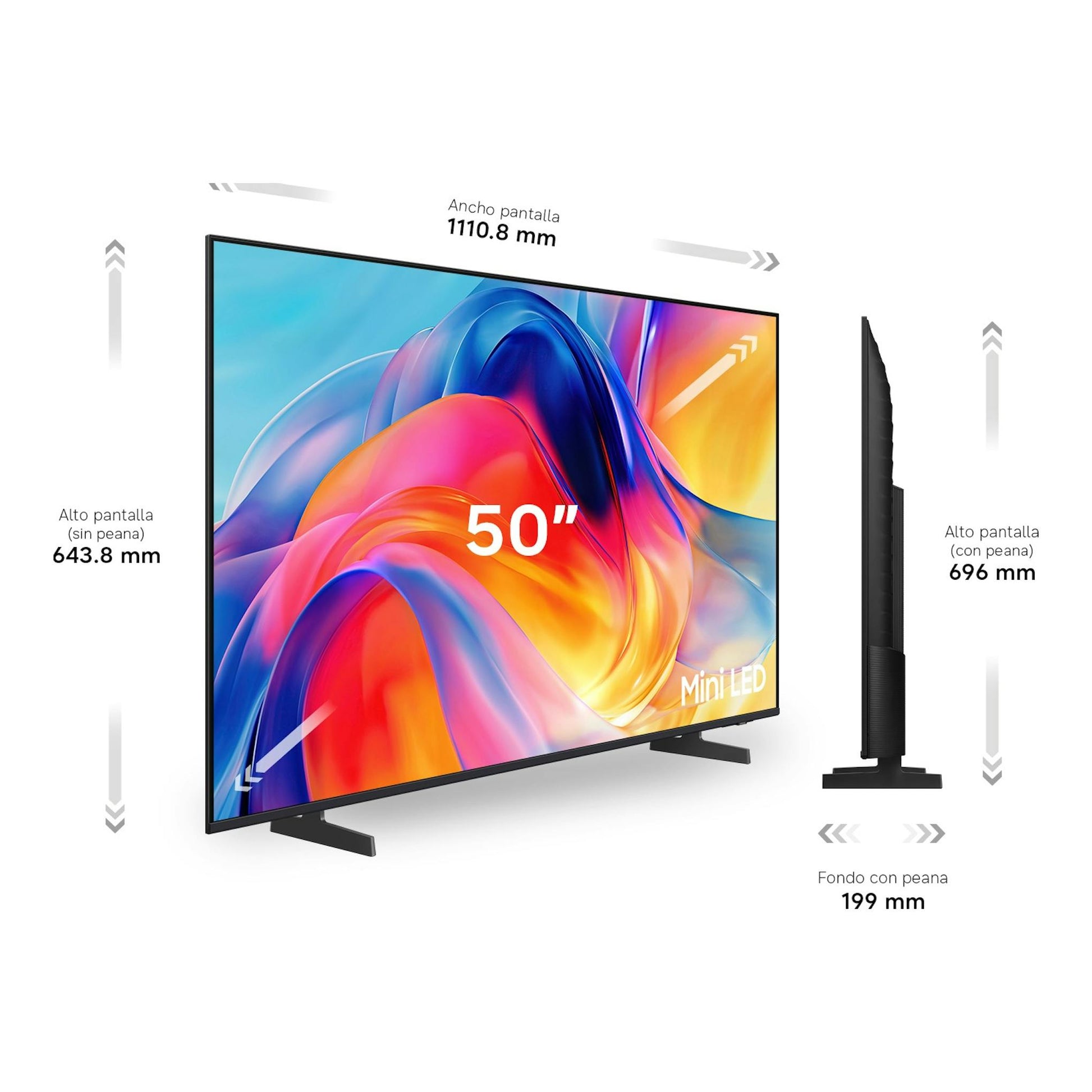 Samsung TU50M73HAUXXC TV 50" Mini LED, vista frontal y lateral en negro, con medidas de pantalla