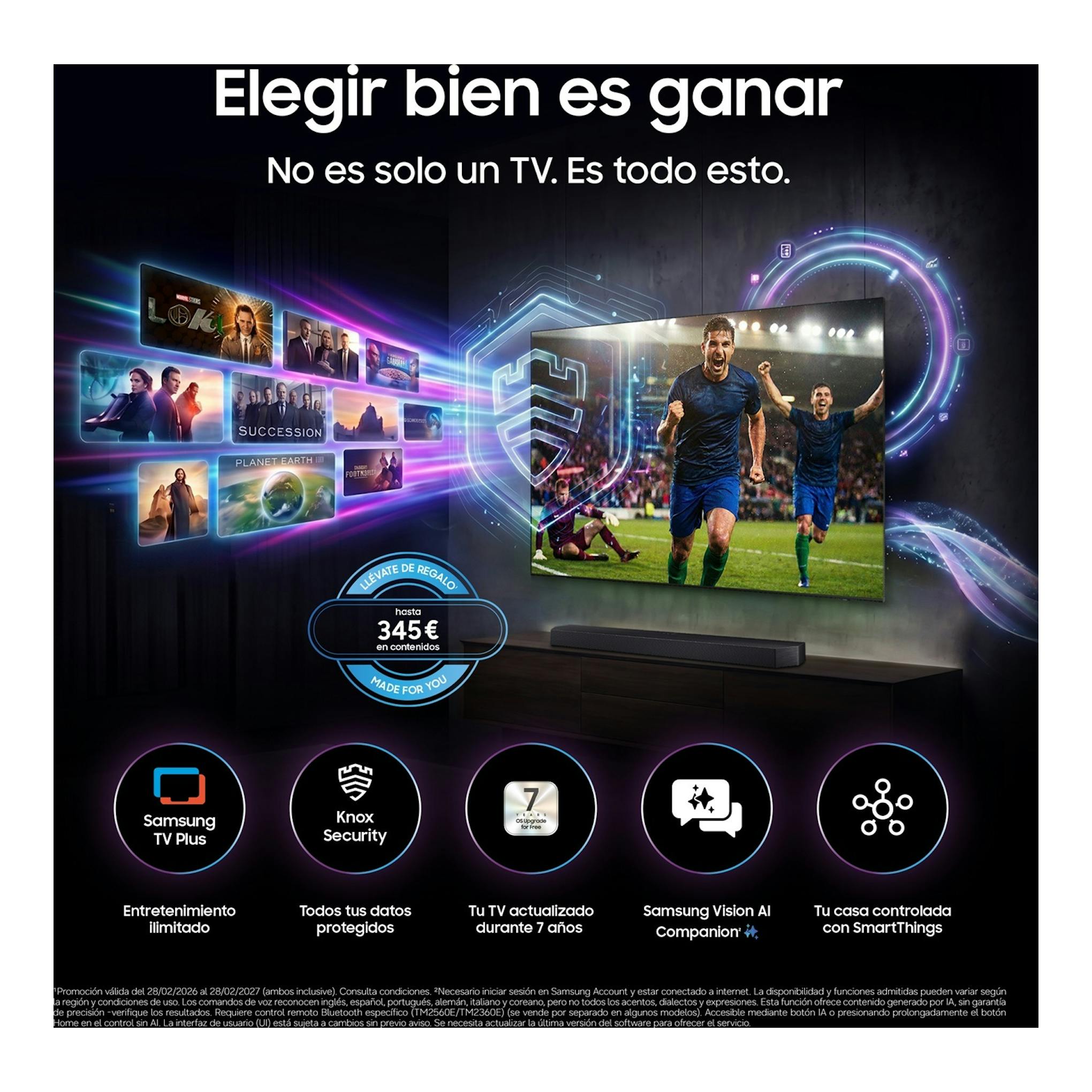 Samsung TU65M73HAUXXC: televisor 4K en salón oscuro, con contenido deportivo e iconos de funciones.
