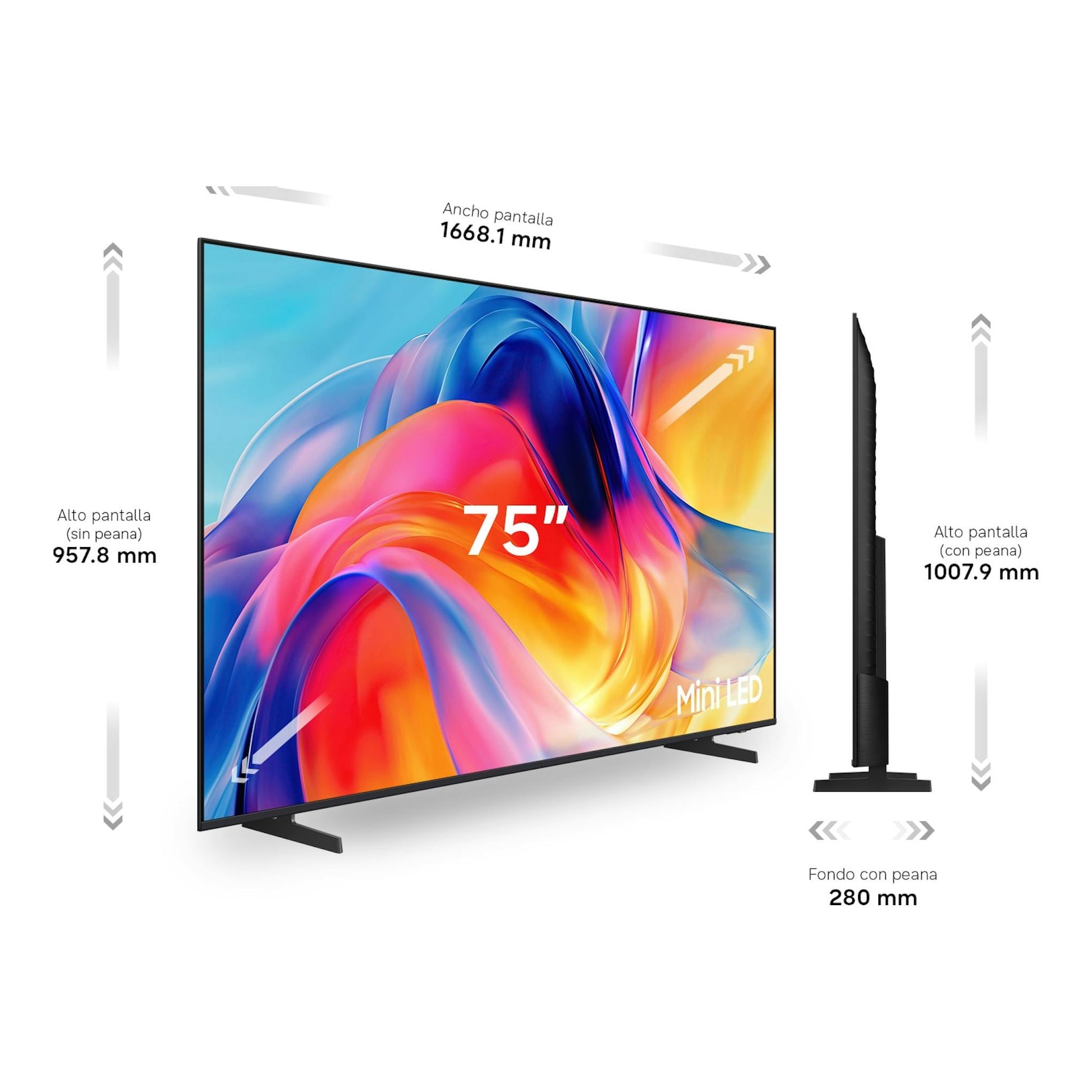 Samsung TU75M73HAUXXC, TV Mini LED de 75 pulgadas, vista frontal y lateral, con peana, sobre fondo blanco.