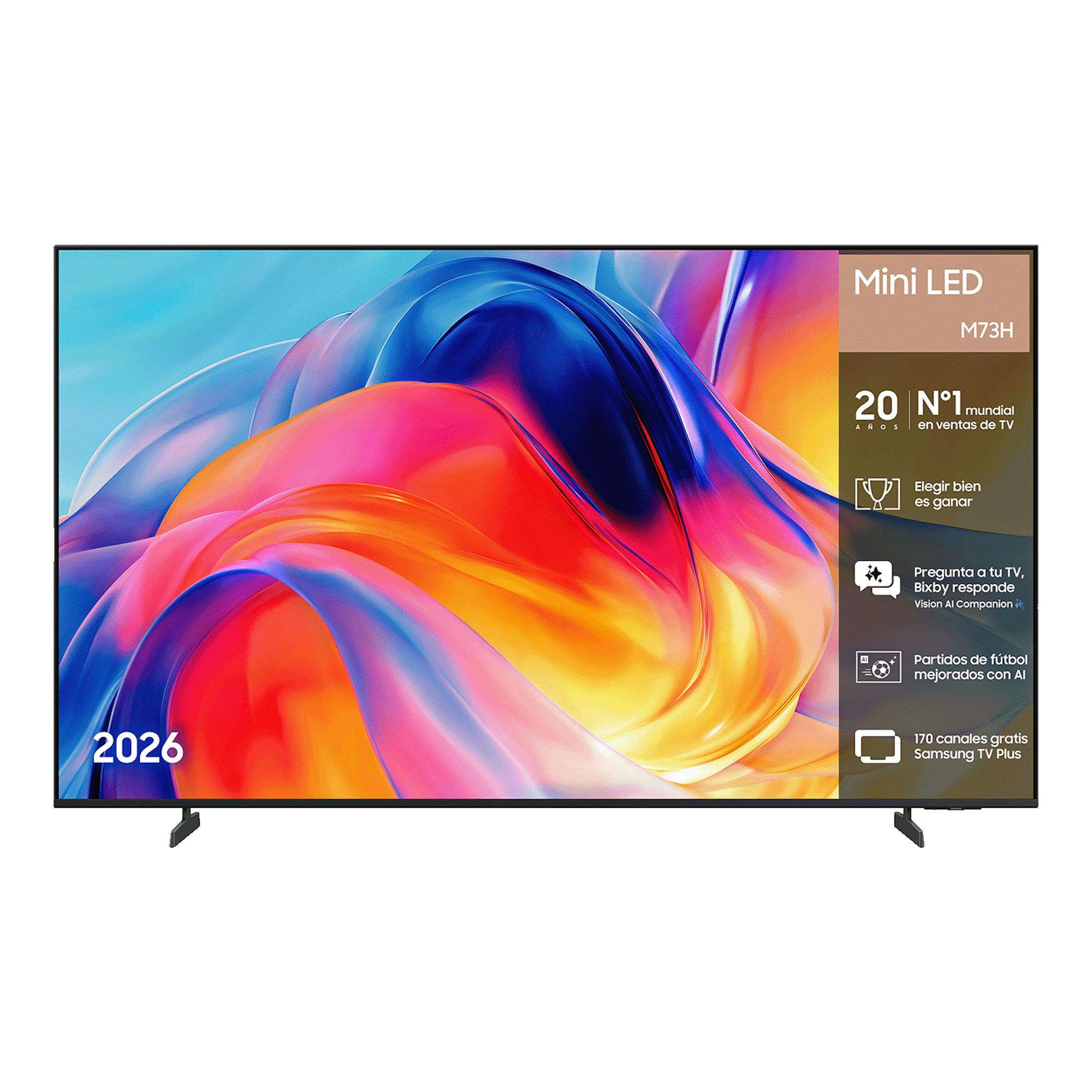 Samsung M73H Mini LED, televisor frontal negro con pantalla multicolor y base de patas.