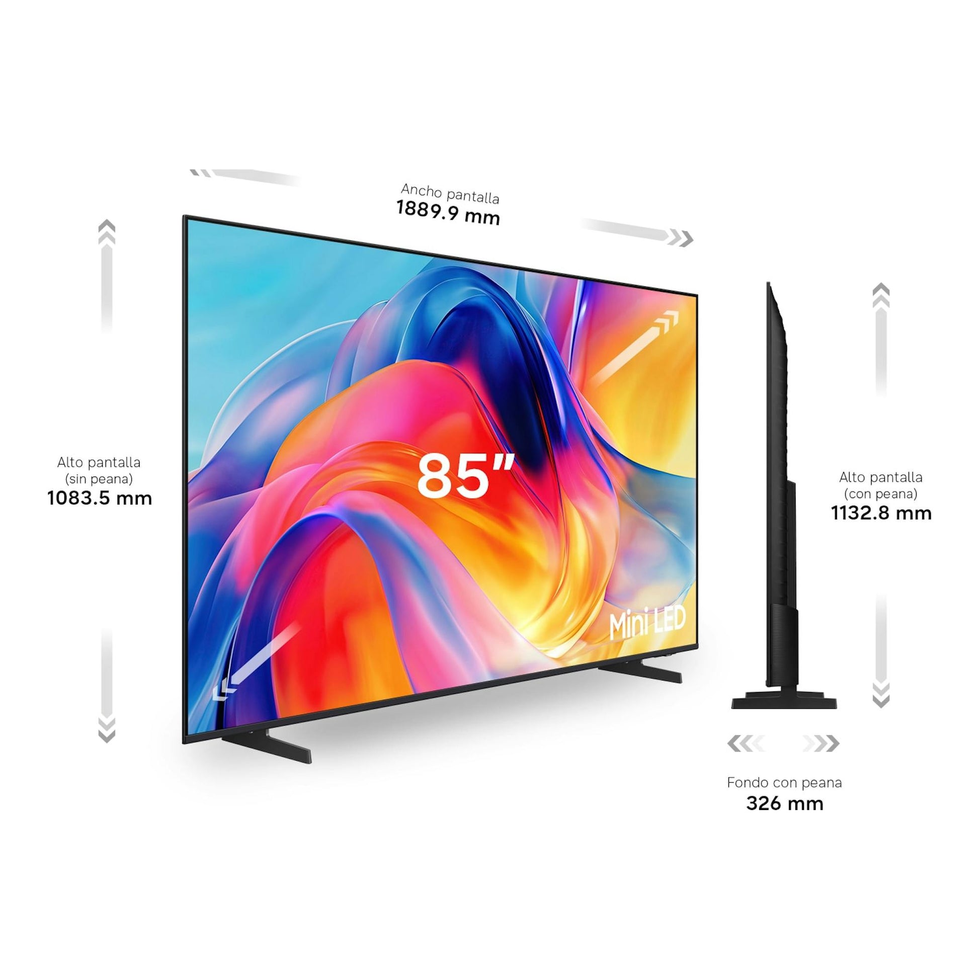 Samsung TU85M73HAUXXC, TV Mini LED de 85'', vista frontal y lateral, con base negra.