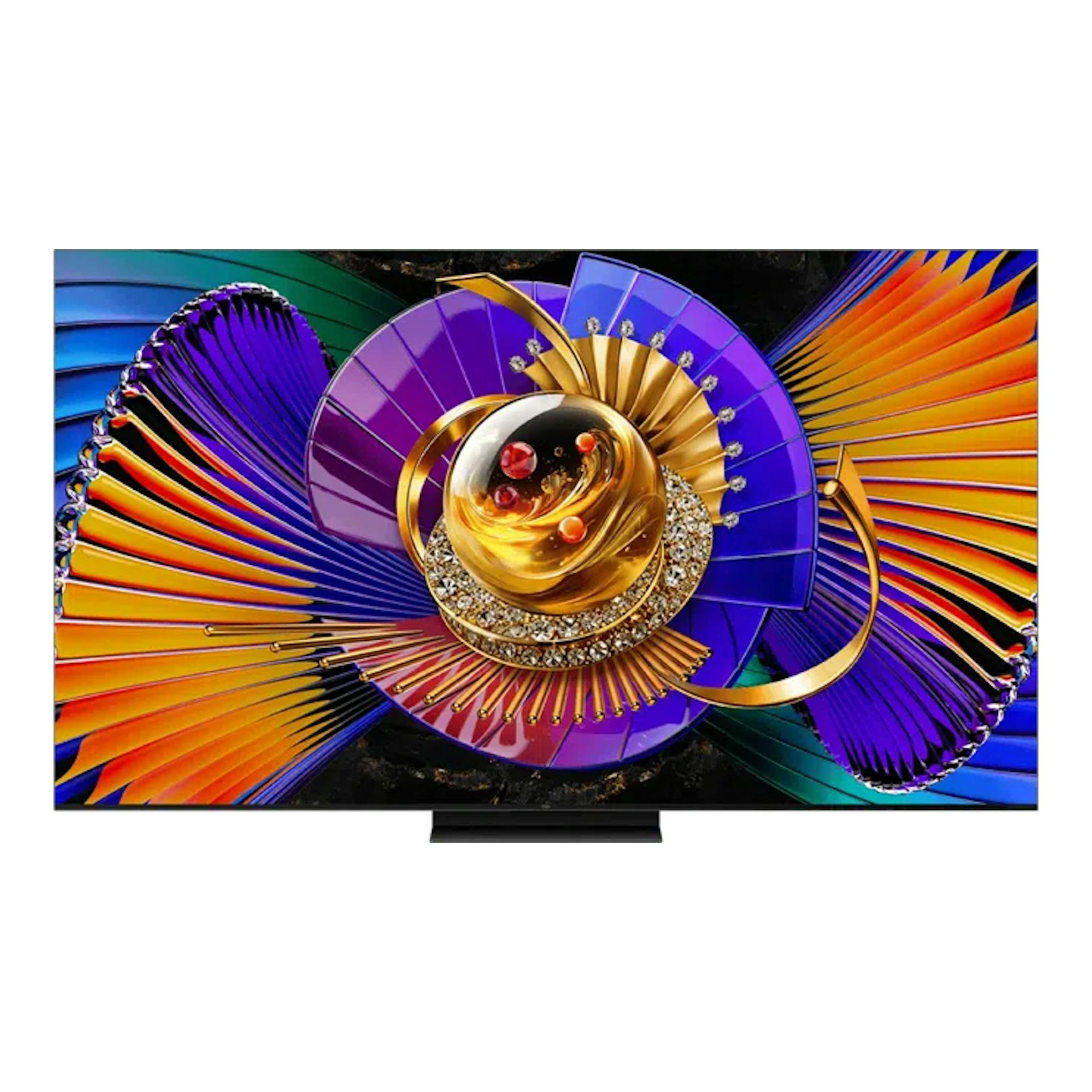 TV TCL 75C7L de 75 pulgadas, vista frontal, pantalla con diseño abstracto multicolor y base central negra.