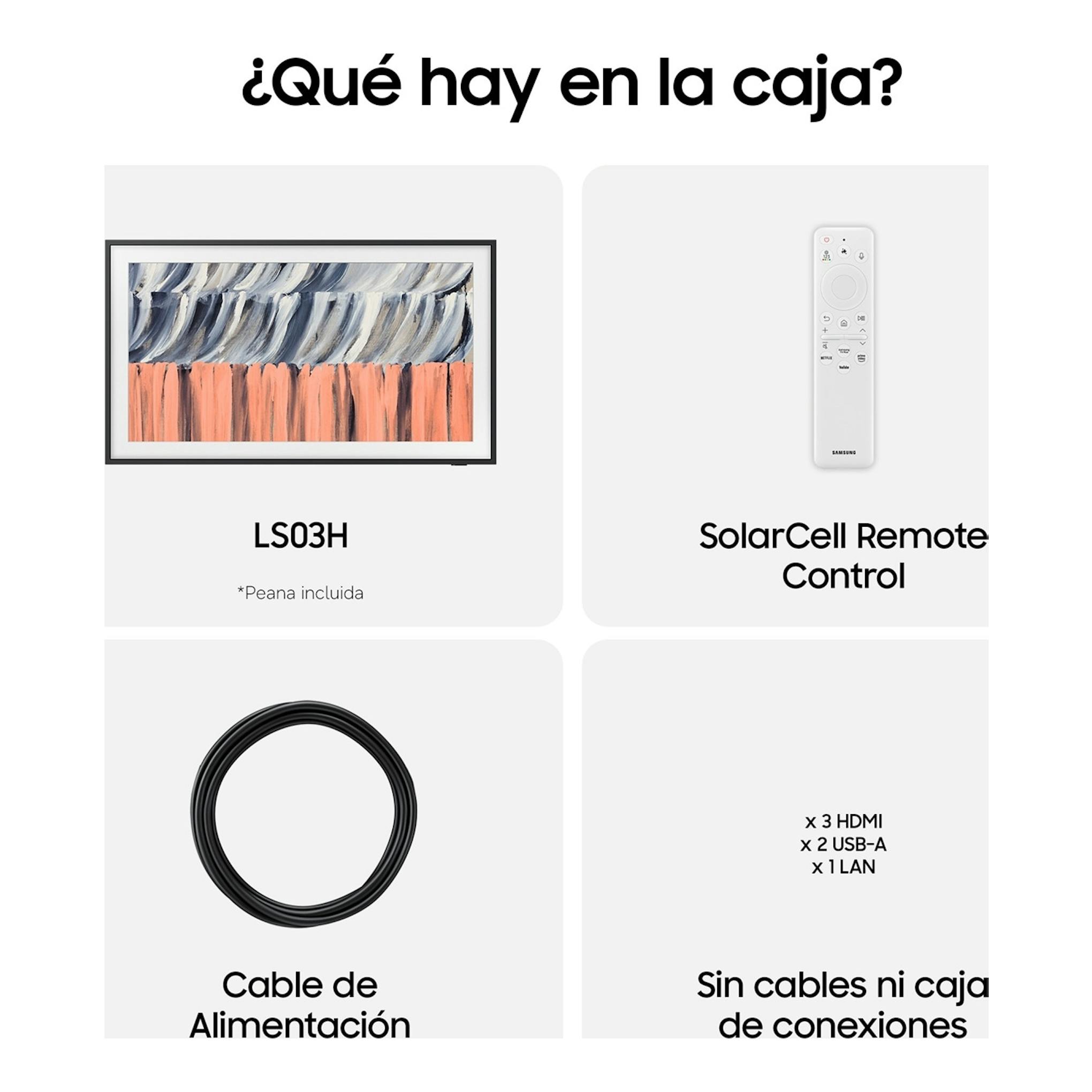 Infografía de Samsung LS03H: televisor enmarcado, mando SolarCell, cable de alimentación y sin caja de conexiones.