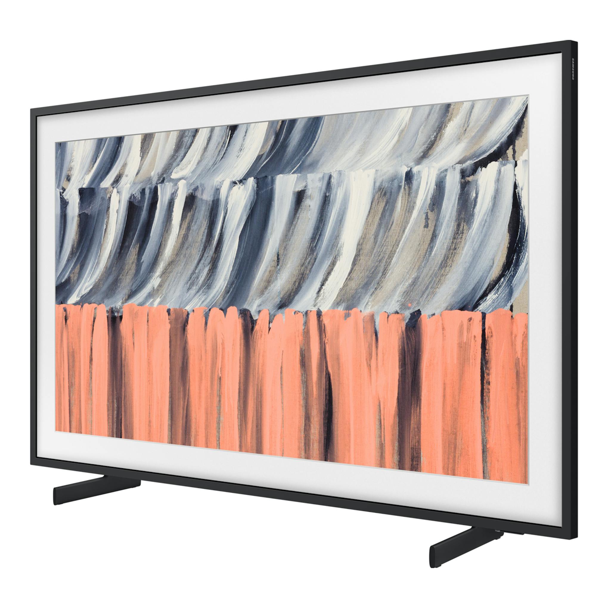 Samsung TQ43LS03HEUXXC, TV QLED negra con marco, vista frontal en ángulo, con arte abstracto.