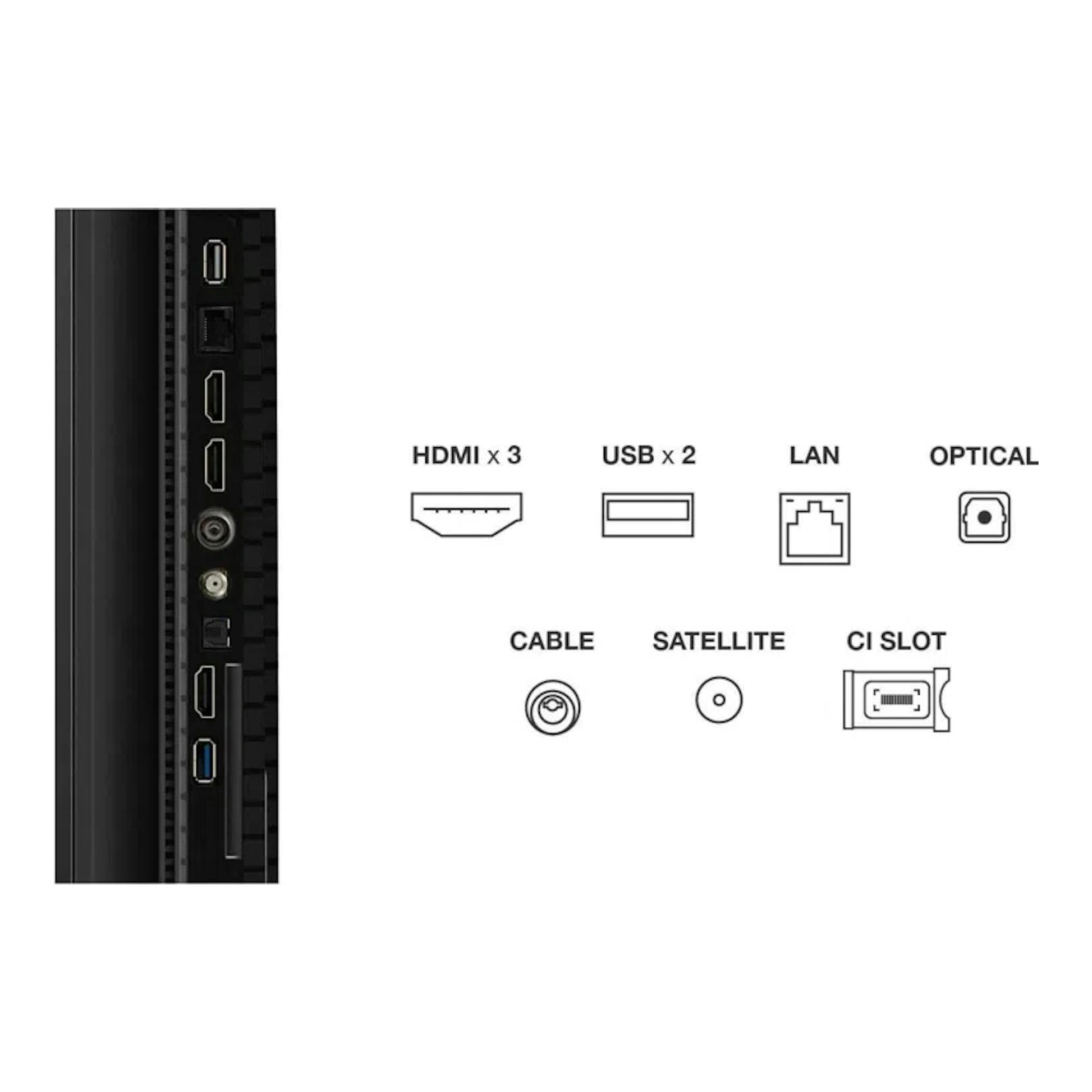 TCL 65T69C: vista lateral del panel con puertos HDMI, USB, LAN, óptico, cable, satélite y CI Slot.