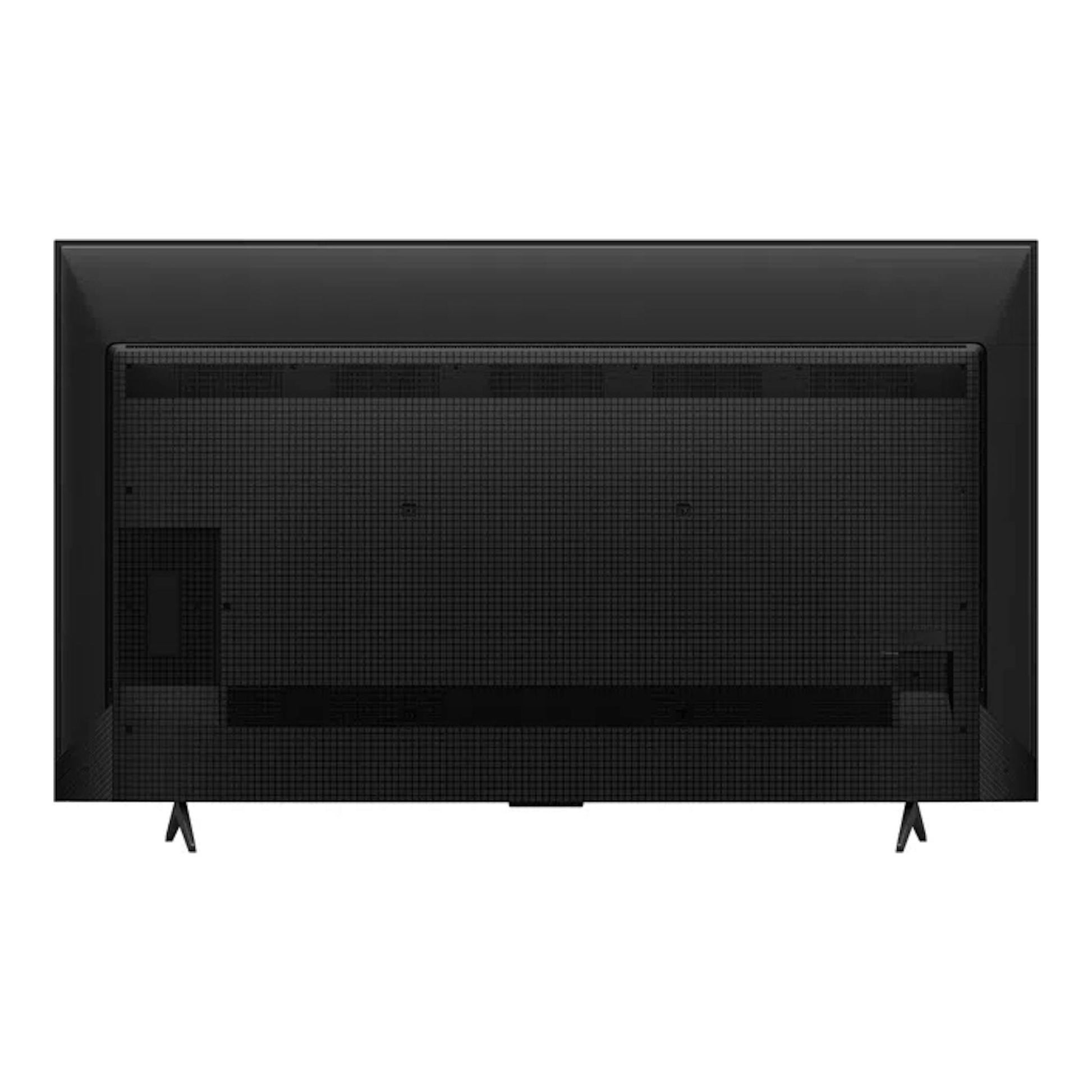Televisor TCL 65T69C negro, vista trasera, con patas laterales.