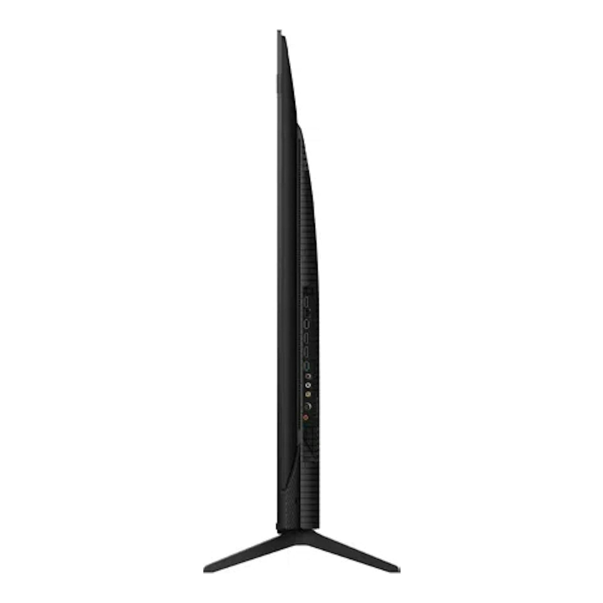 Televisor TCL 65T69C negro, vista lateral, sobre soporte en Y.