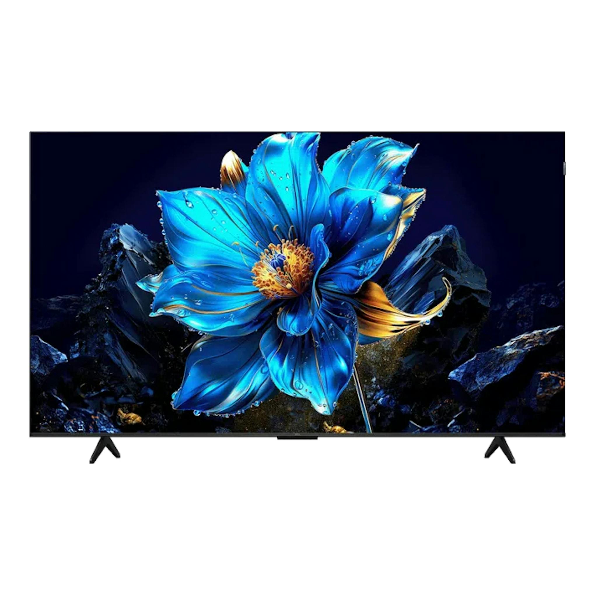 TV TCL 65T69C, vista frontal, pantalla con flor azul sobre fondo oscuro y patas negras.