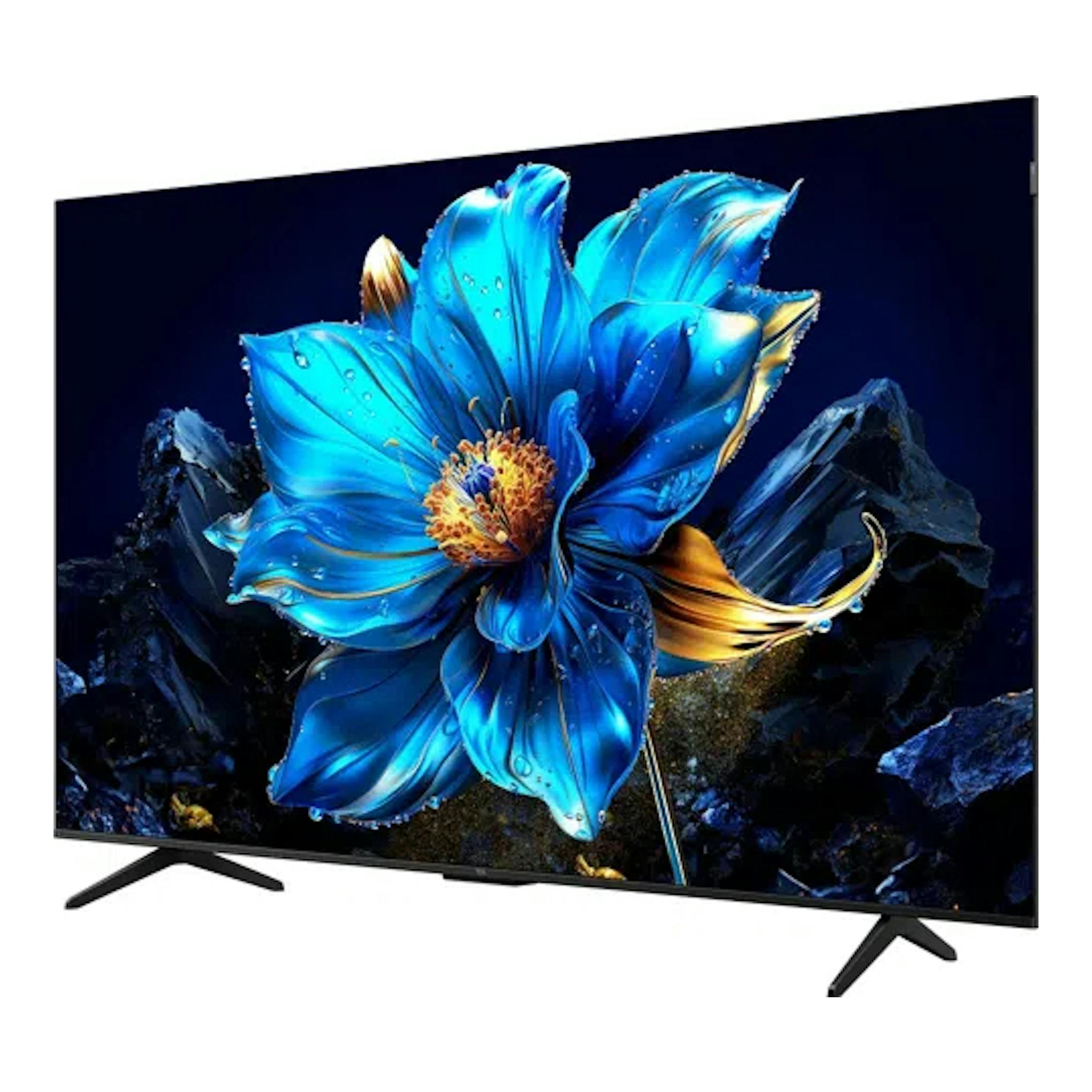 TCL 65T69C TV QLED 4K negra, vista frontal, con flor azul en pantalla y patas laterales.