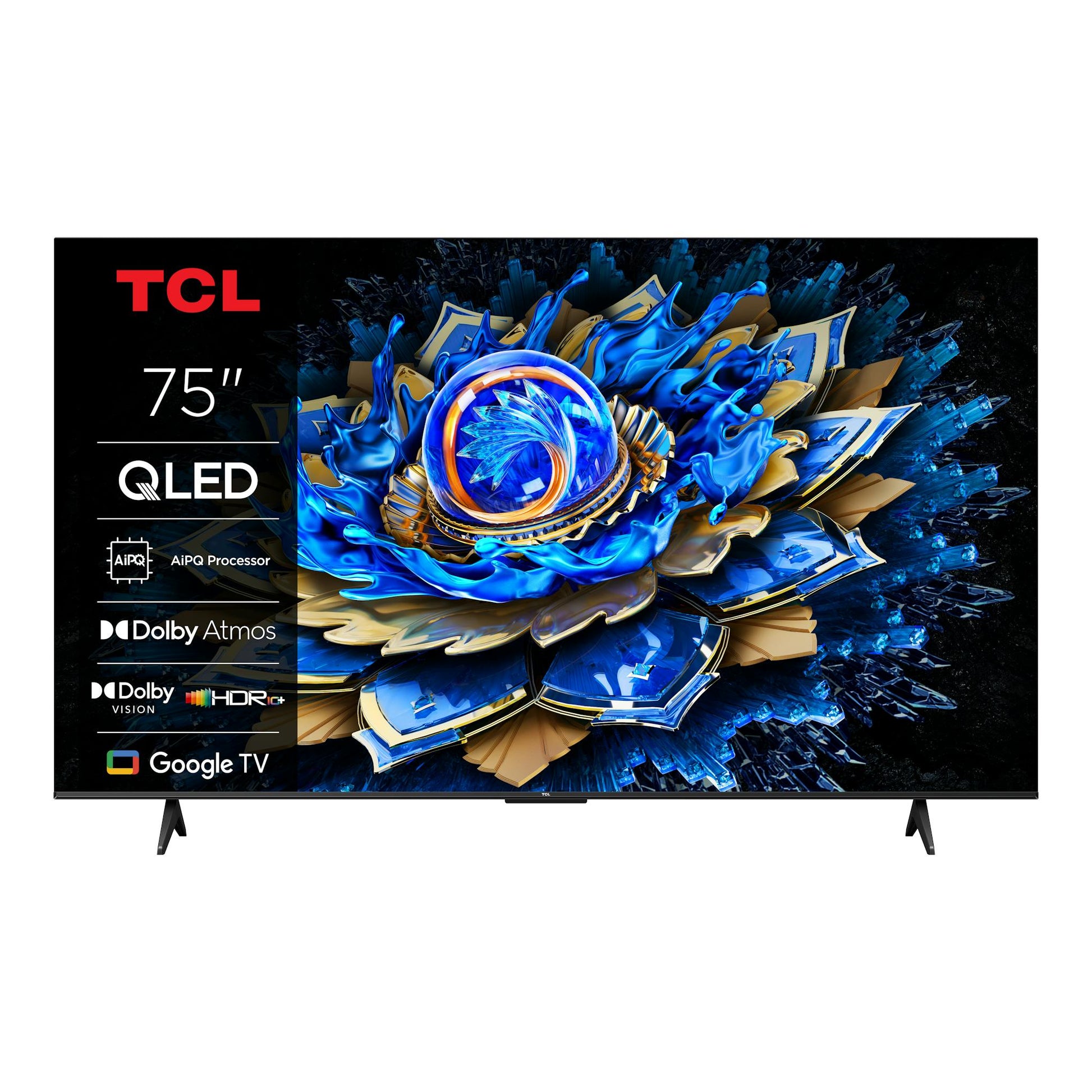 Televisor TCL 75T69C QLED de 75 pulgadas, vista frontal, con Google TV y base negra.
