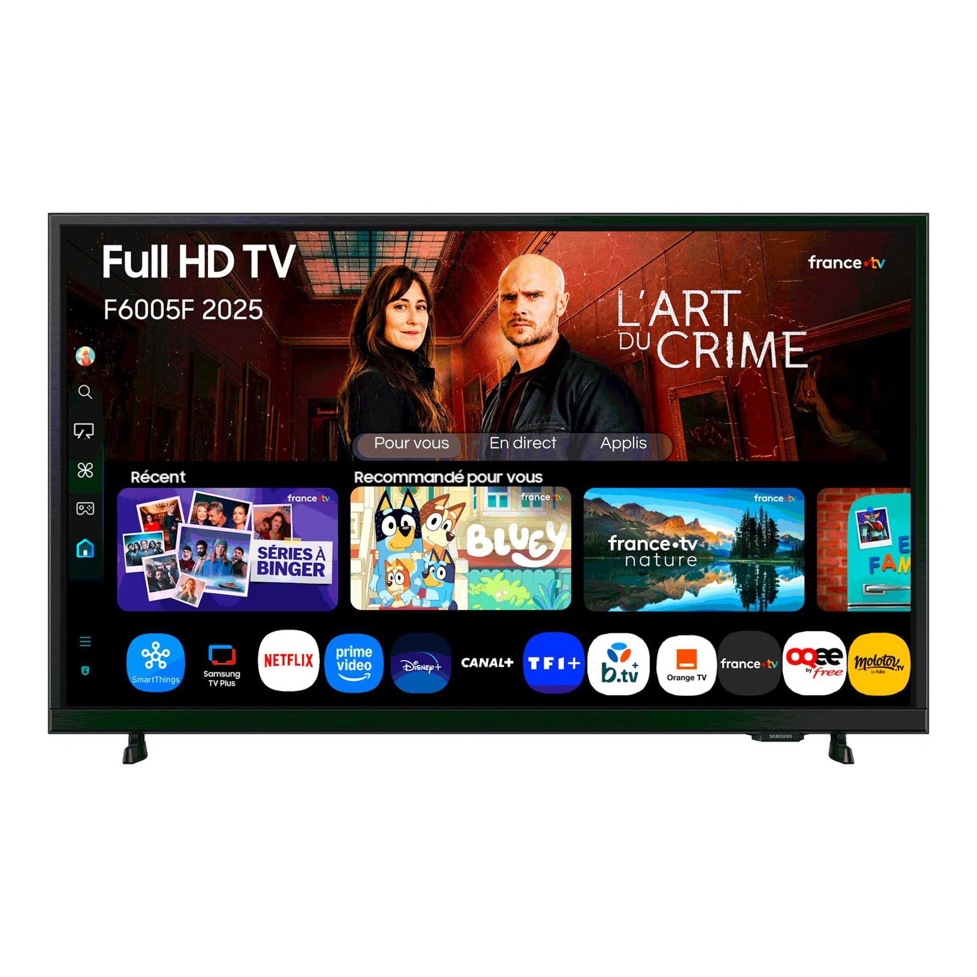 Televisor Samsung F6005F 2025, vista frontal, marco negro, con interfaz Smart TV en pantalla.